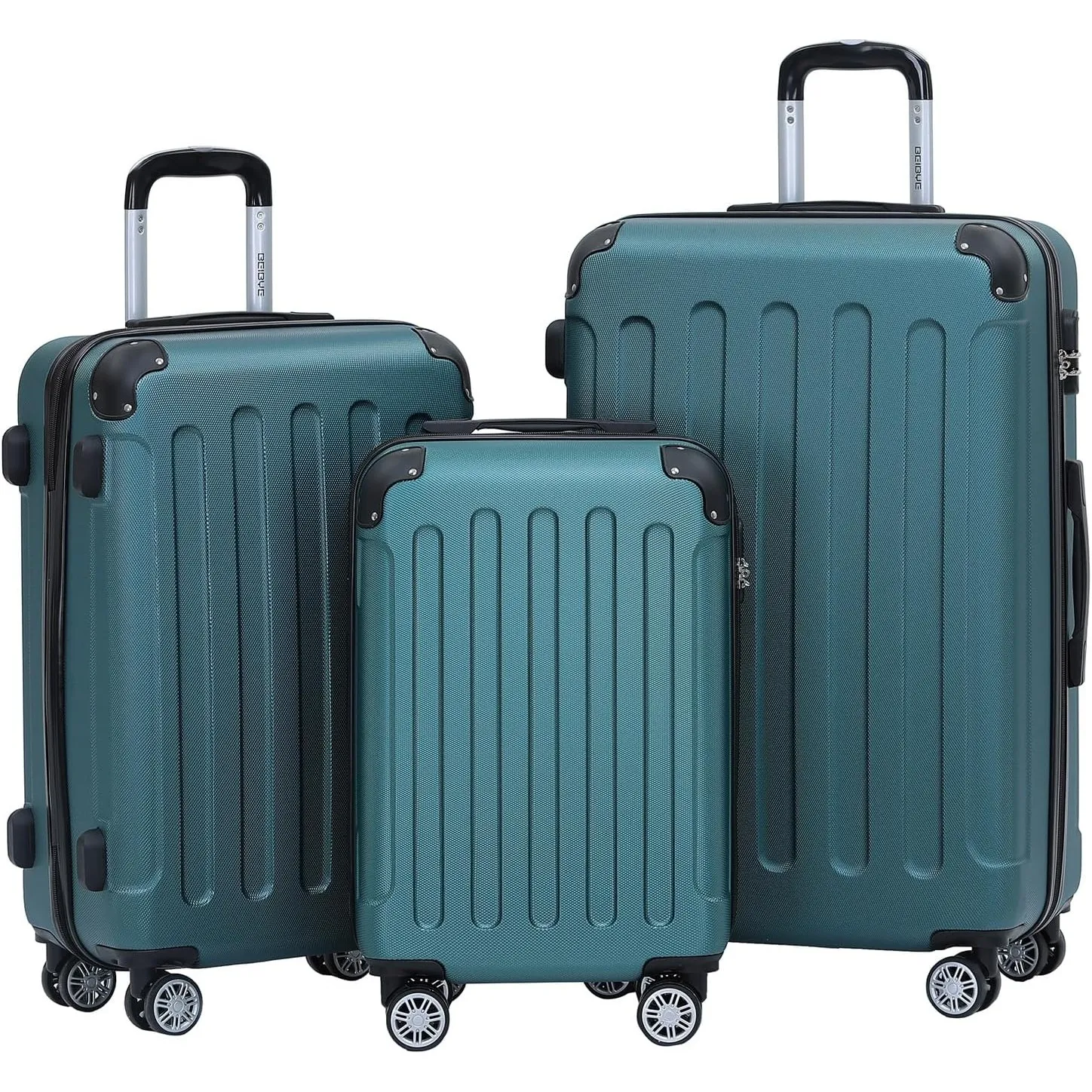 BEIBYE Zwillingsrollen Hardcase Reisekoffer Koffer Trolleys Hartschale in XL-L-M in 14 Farben (Dunkelgrün, Kofferset)