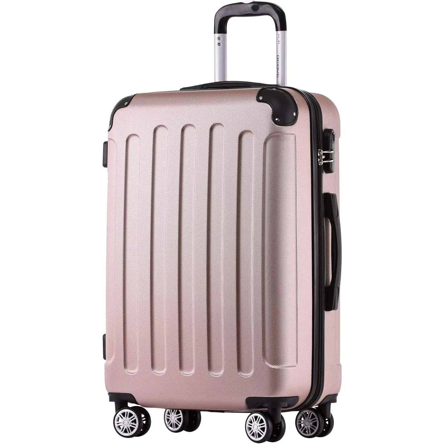BEIBYE Reisekoffer L 66 cm – Hartschalenkoffer aus ABS mit Doppelrollen für Urlaubsreisen, Rosa Gold
