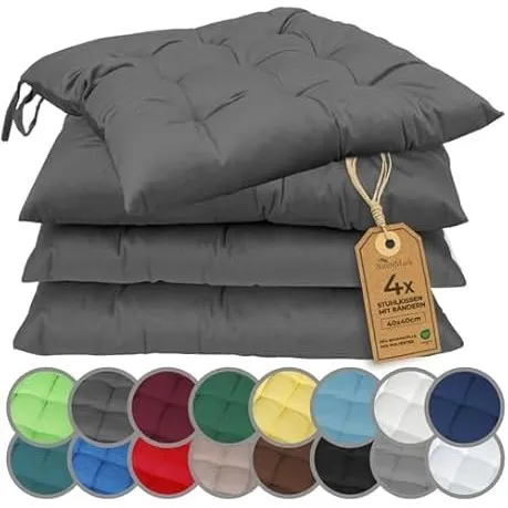 NatureMark 4er Set Stuhlkissen mit Bändern 40x40 cm – Gefüllte Sitzkissen, Outdoor & Indoor – Anthrazit Grau