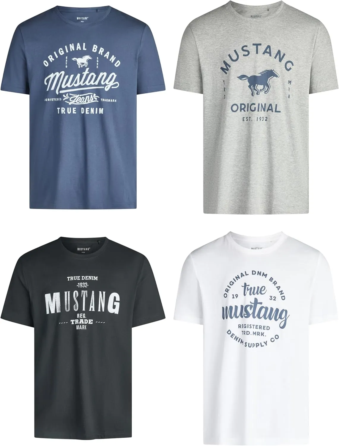 MUSTANG Tshirt Herren Baumwolle Regular Fit 4er Pack Set Rundhals Kurzarm Sommer Tee Shirt Logoprint Schwarz Weiß Grau …