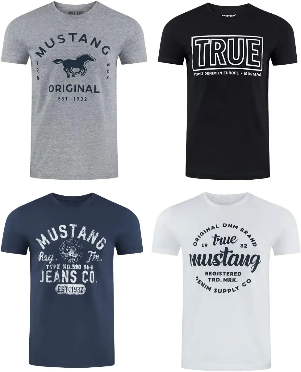 MUSTANG Tshirt Herren Baumwolle Regular Fit 4er Pack Set Rundhals Kurzarm Sommer Tee Shirt Logoprint Schwarz Weiß Grau …