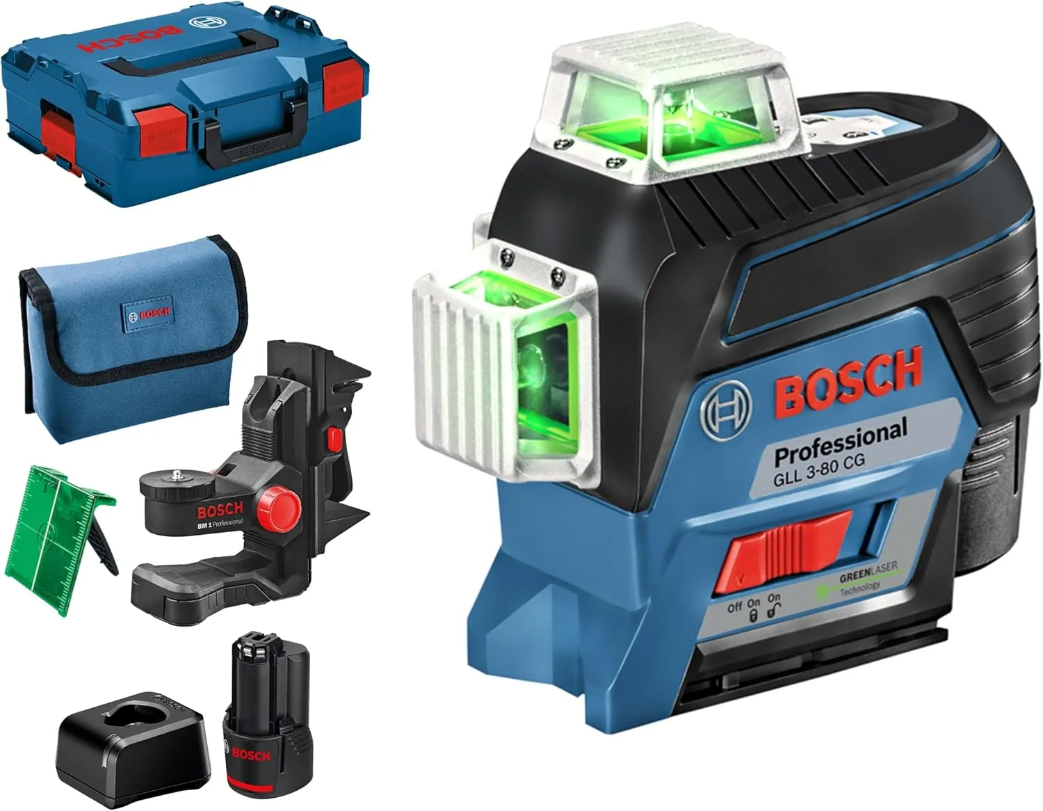 Bosch Professional 12V System Linienlaser GLL 3-80 CG (2x Akku 12 V, Ladegerät, grüner Laser, mit App-Funktion, Univers…