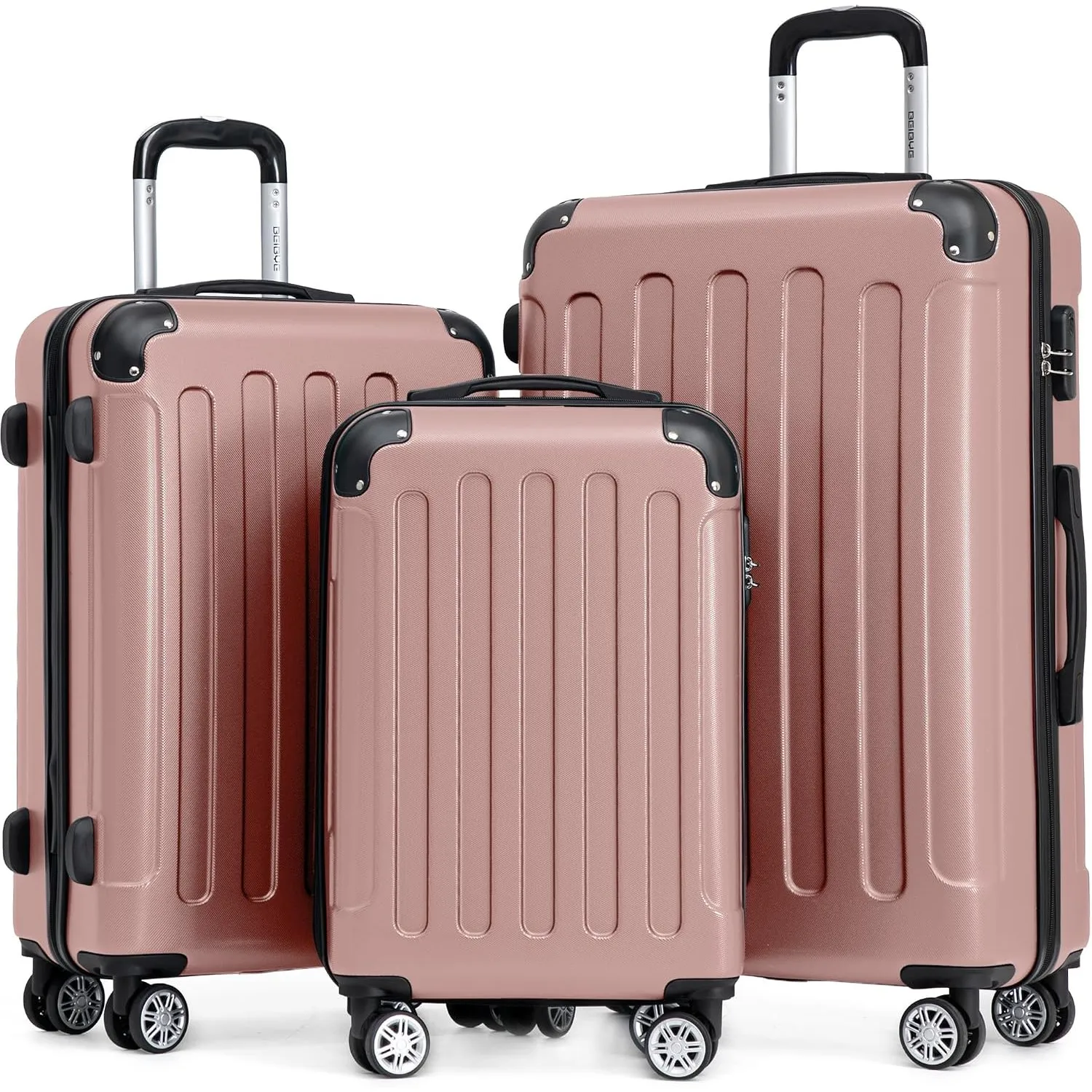 BEIBYE Kofferset 3-teilig – Kabinenkoffer, Reisekoffer und Koffer aus ABS mit Doppelrollen und Zahlenschloss, Rosagold
