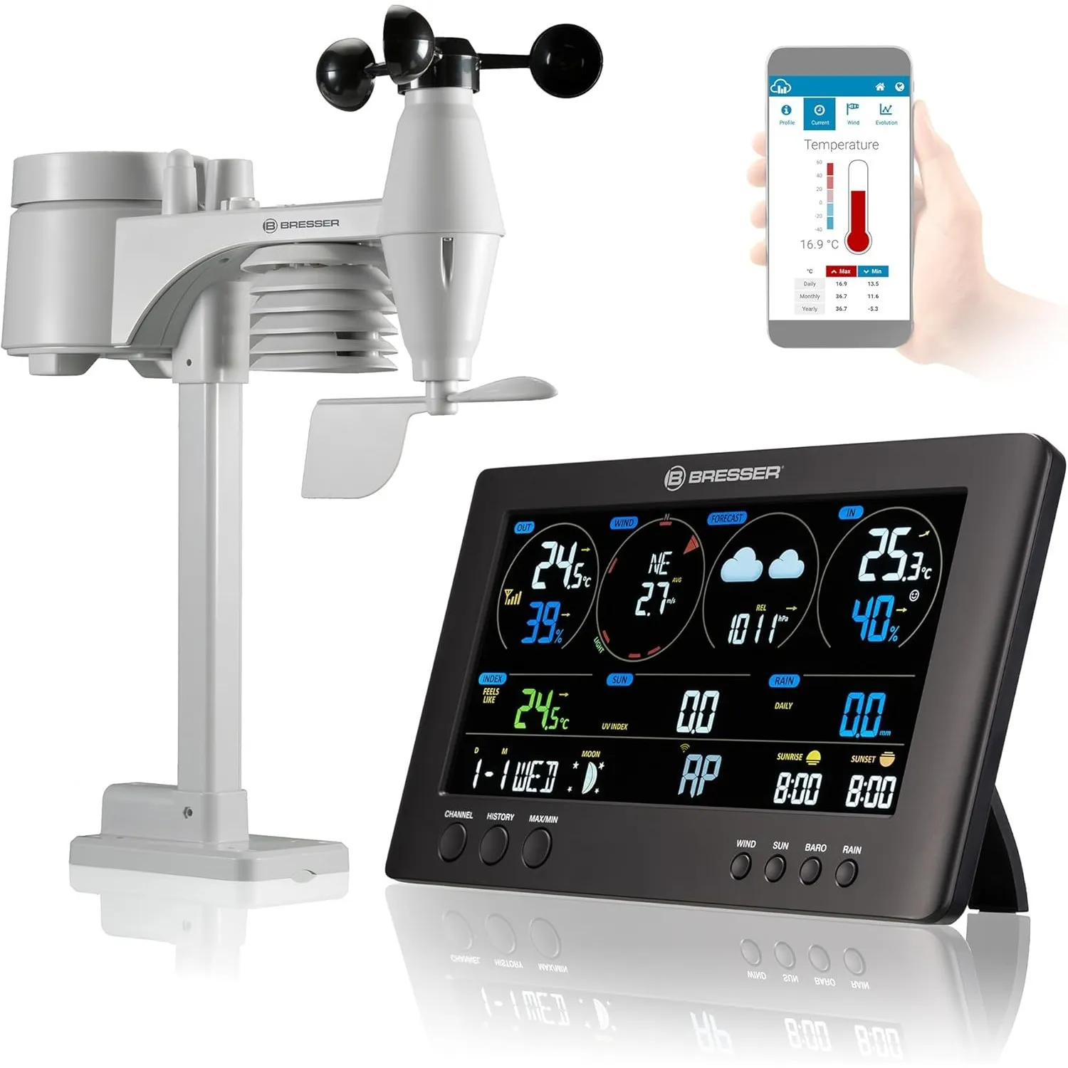 Bresser 7002586 Wetterstation Funk mit Aussensensor ClearView Wettercenter mit WLAN und 7-in-1 Profi-Sensor für Wind, L…