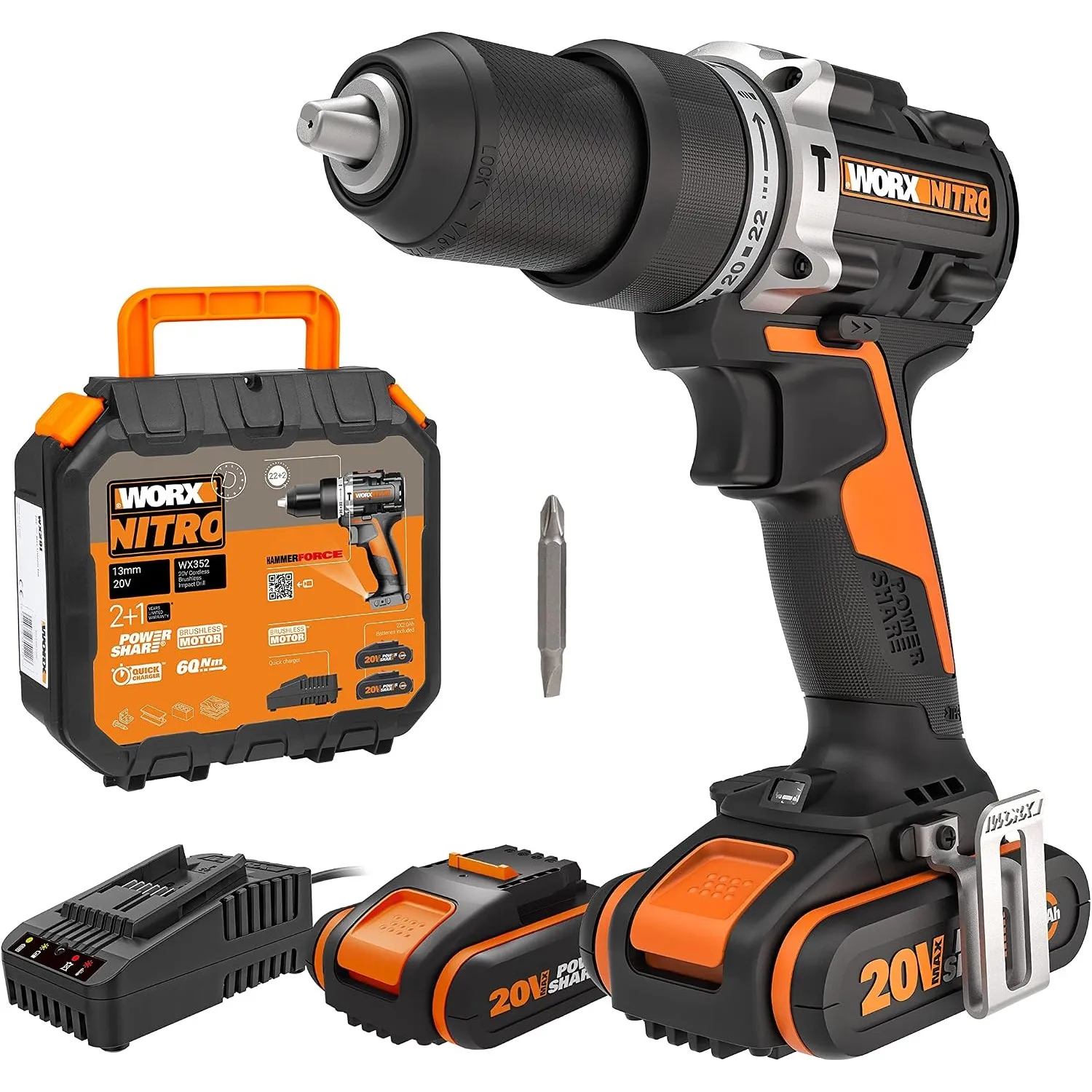 WORX WX352 Akku Schlagbohrschrauber 20V, mit 2x2Ah Akkus & Schnellladegerät