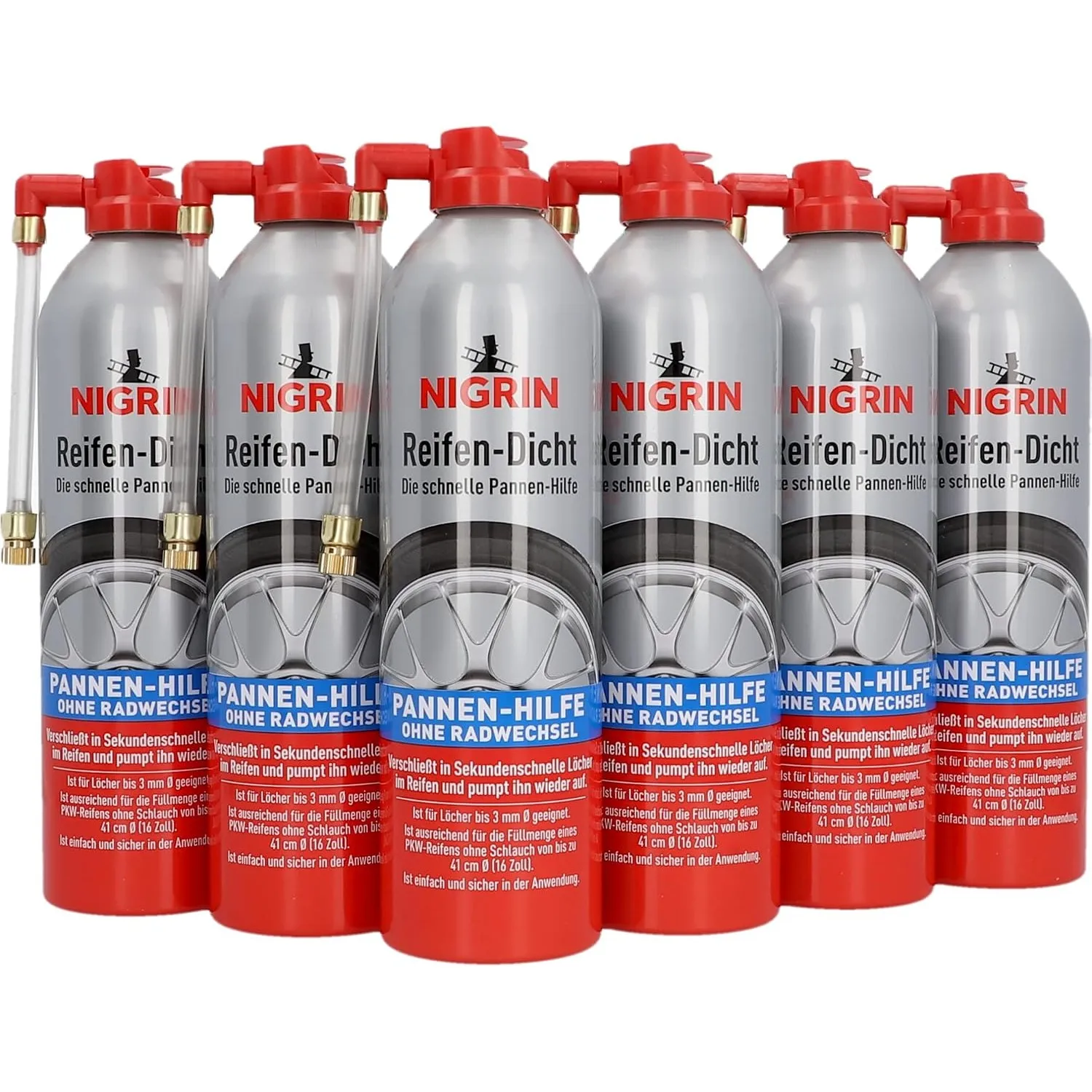 NIGRIN Reifendicht, 6 x 500 ml, sofortige Pannenhilfe, Reifendichtmittel repariert Löcher im Reifen im Handumdrehen ohn…