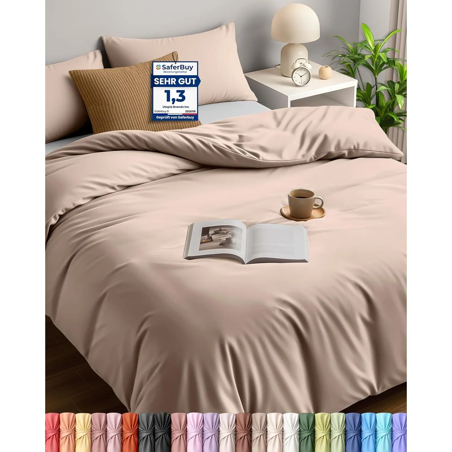 Utopia Bedding Bettwäsche 200x200 Set - Mikrofaser Bettbezug 200x200 cm + 2 Kissenbezüge 50x75 cm - Beige