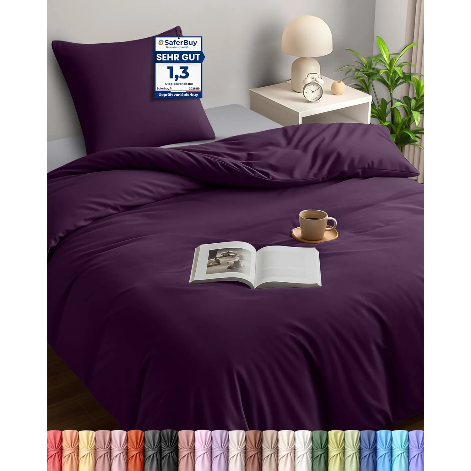 Utopia Bedding Bettwäsche 135x200 cm + 1 Kissenbezug 80x80 cm, Lila