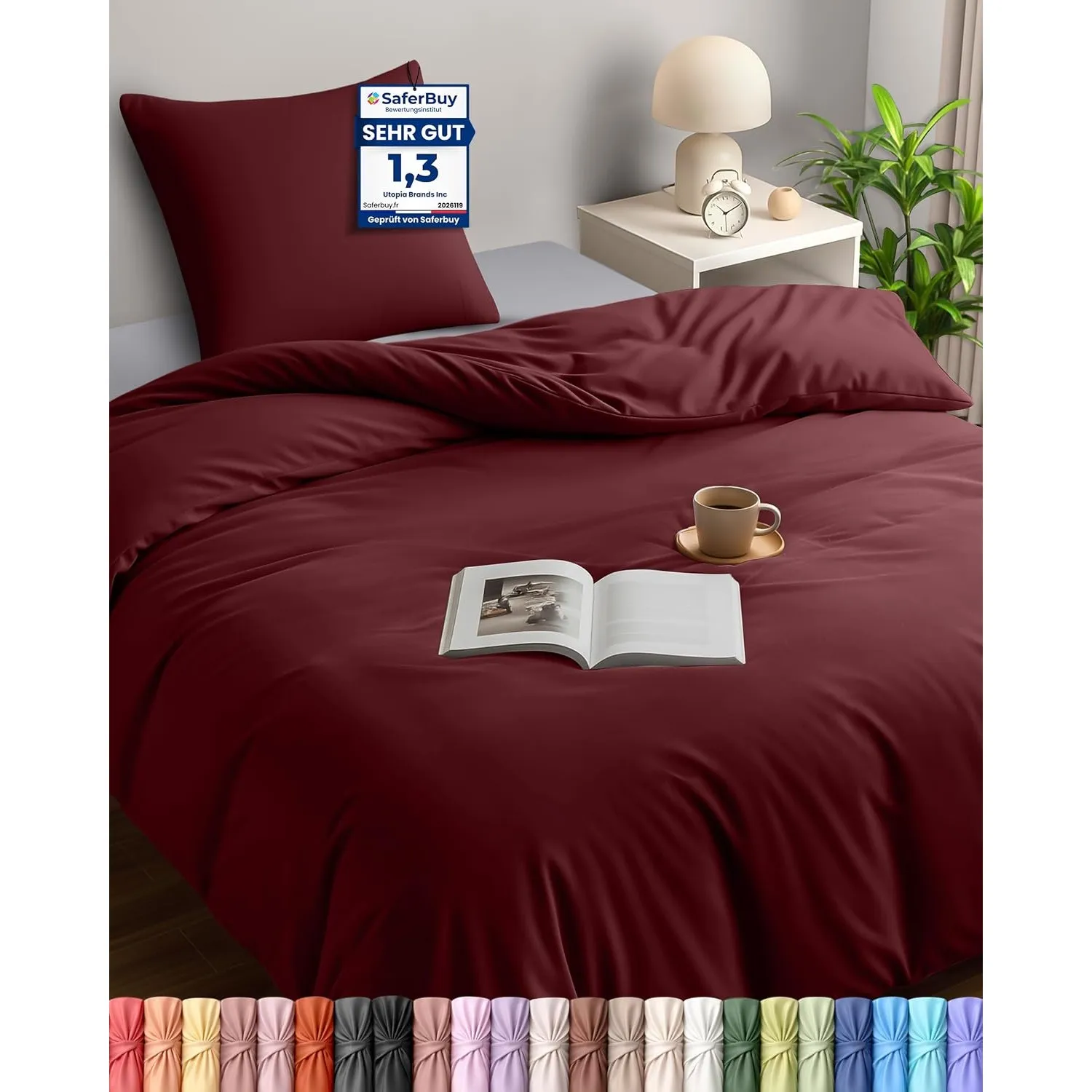 Utopia Bedding Bettwäsche 135x200 cm + 1 Kissenbezug 80x80 cm, Burgund