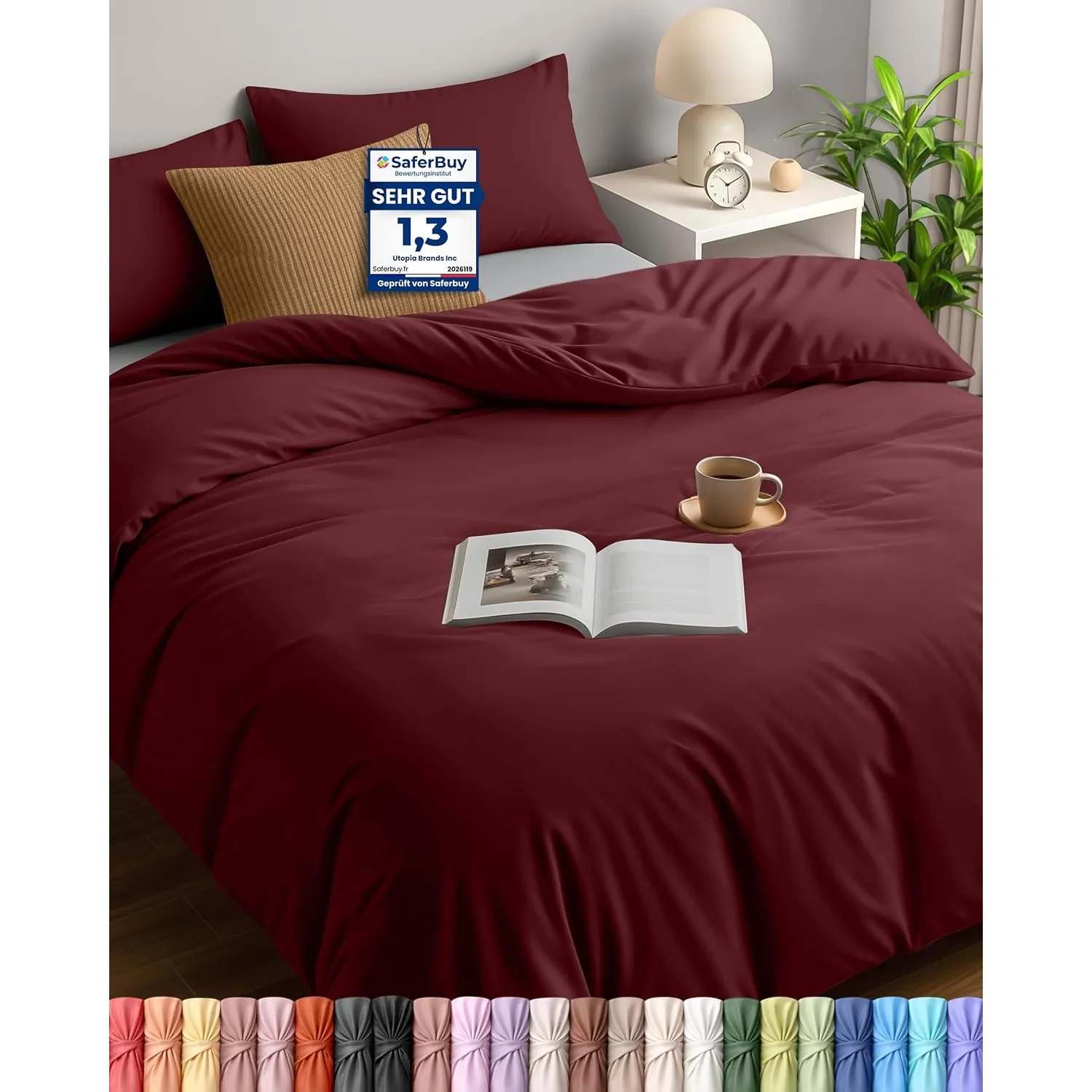 Utopia Bedding Bettwäsche 200x200 cm + 2 Kissenbezüge 50x75 cm, Burgund | Bettbezug Mikrofaser mit Reißverschluss, Oeko…
