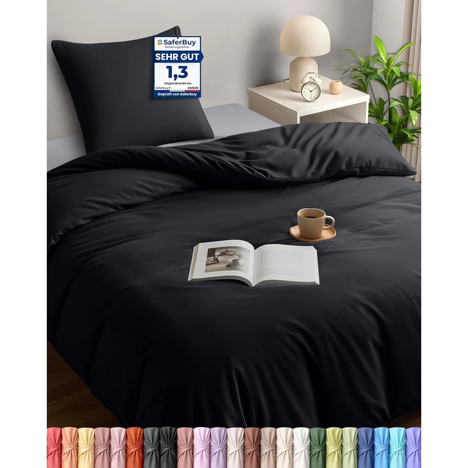 Utopia Bedding Bettwäsche 135x200 cm + 1 Kissenbezug 80x80 cm, Schwarz