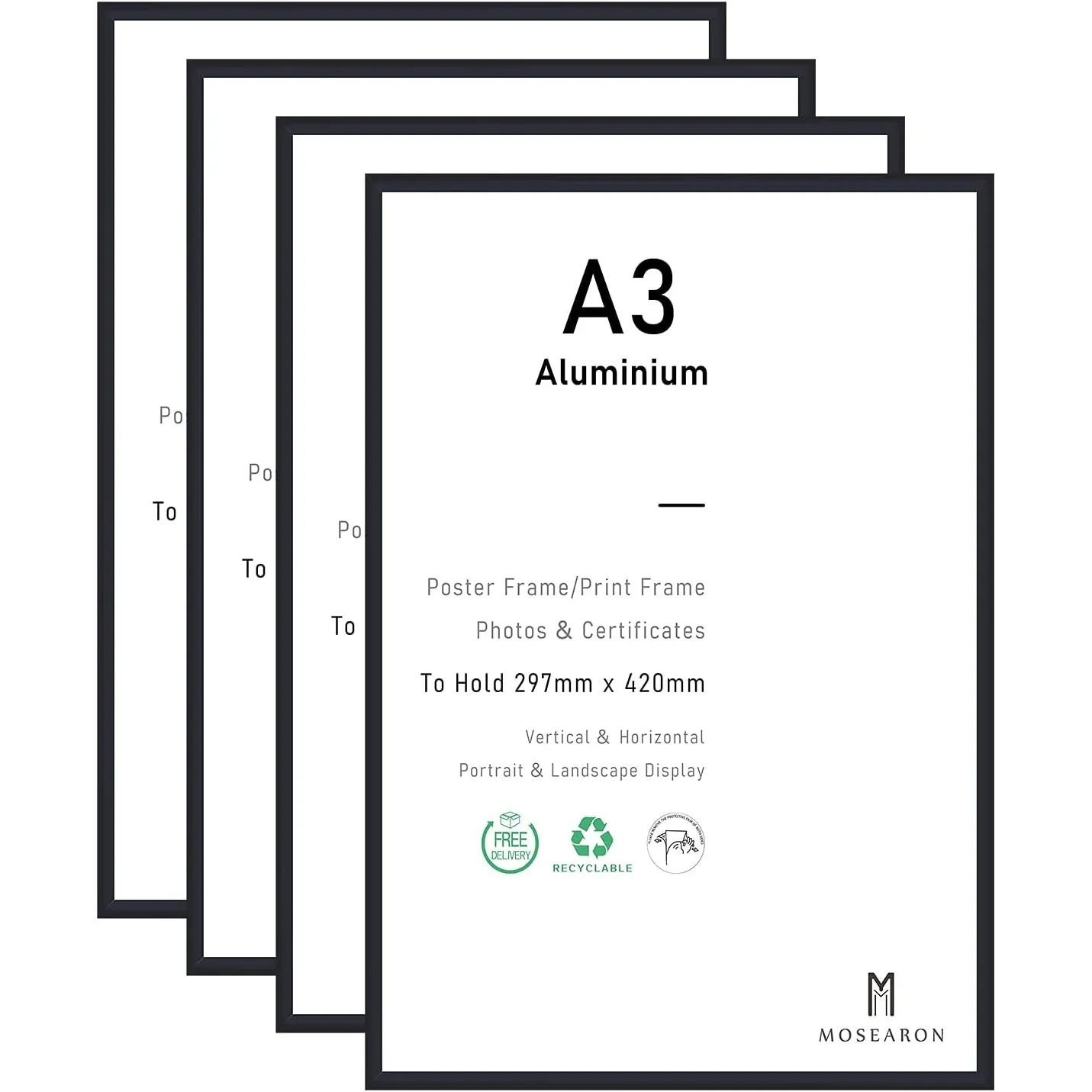 A3 Zertifikatsrahmen schwarz Aluminium Bilderrahmen, 29.7 x 42 cm, 4er-Pack