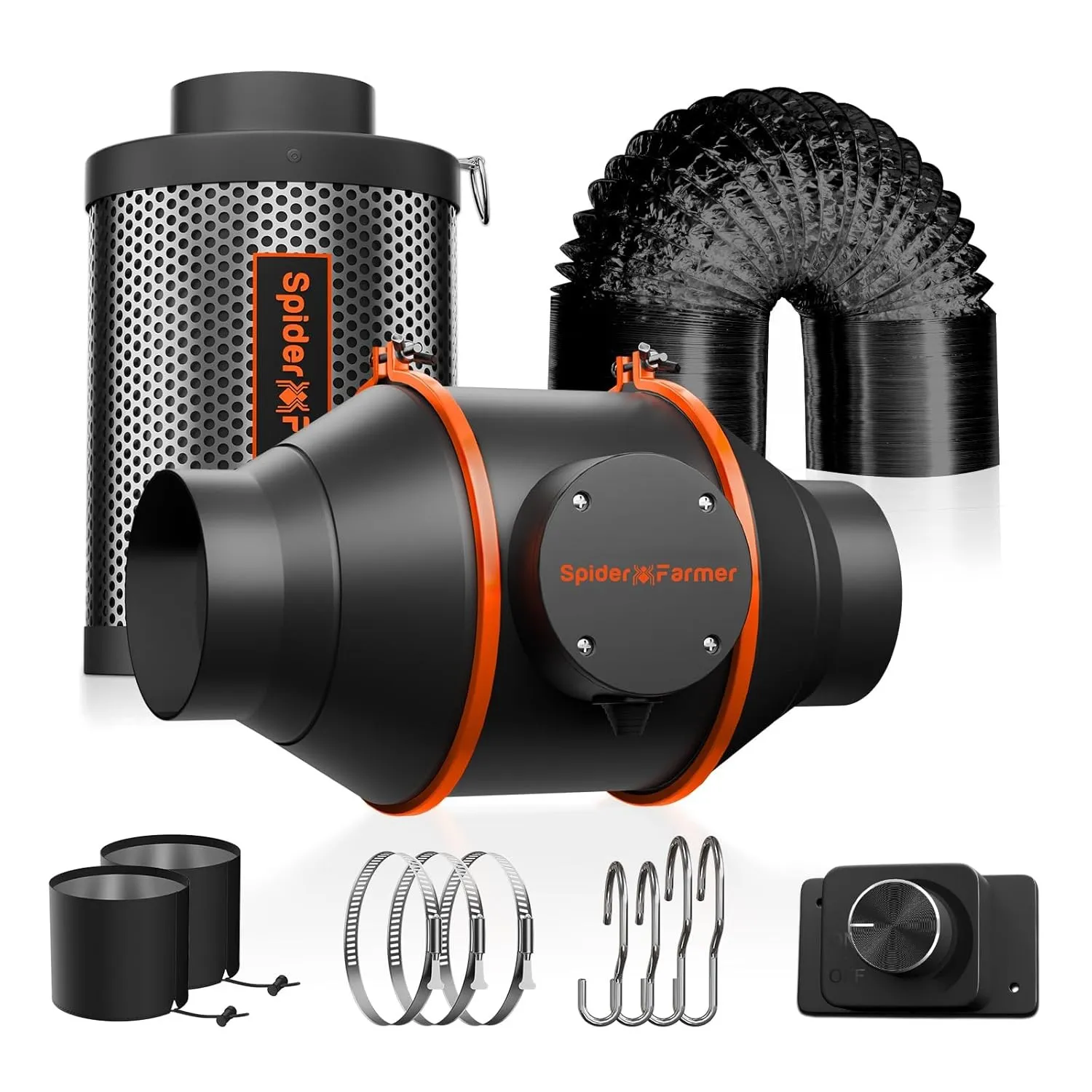 Spider Farmer Rohrventilator 100mm Abluftset mit Aktivkohlefilter | Inklusive RJ12 Drehzahlregler, 205 CFM 27W Lüfter u…