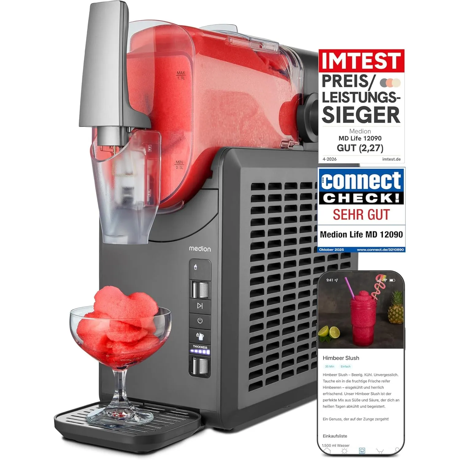MEDION Slush Maschine (2,6 Liter Slush-Eis Kapazität, 1,9 Liter Fassungsvermögen, Slush Ice Maker für Getränke, 5 Geträ…