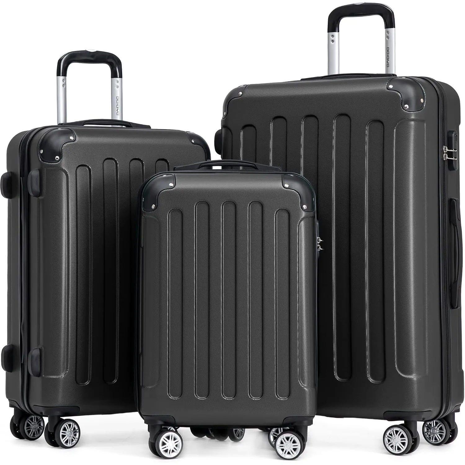 BEIBYE Kofferset 3-teilig – Kabinenkoffer, Reisekoffer und XL-Koffer aus ABS mit Doppelrollen und Zahlenschloss, Schwarz
