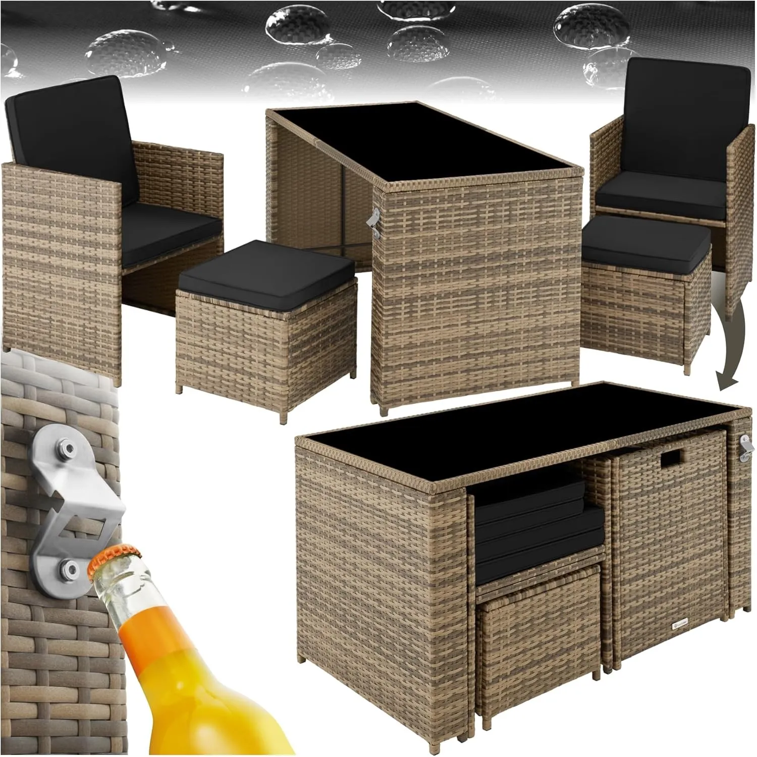 tectake Poly Rattan Sitzgruppe, 5- teiliges Lounge Gartenmöbel Set mit Tisch, Sessel & Hocker, Essgruppe für bis zu 4 P…