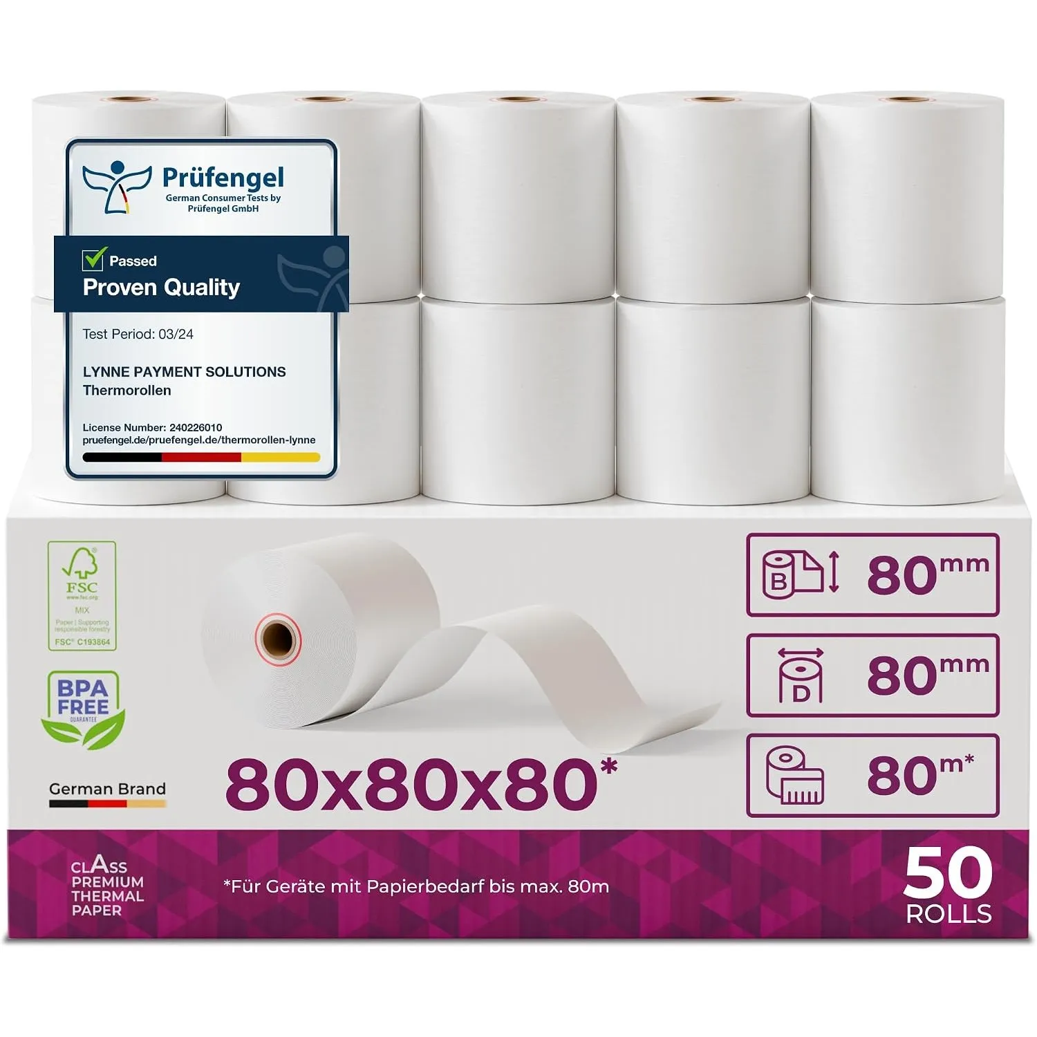 Thermorollen/Bonrollen/Kassenrollen 80mm x 80m x 12mm (80x80x12) für alle gängigen Thermopapier Kassen-Bondrucker – BPA…