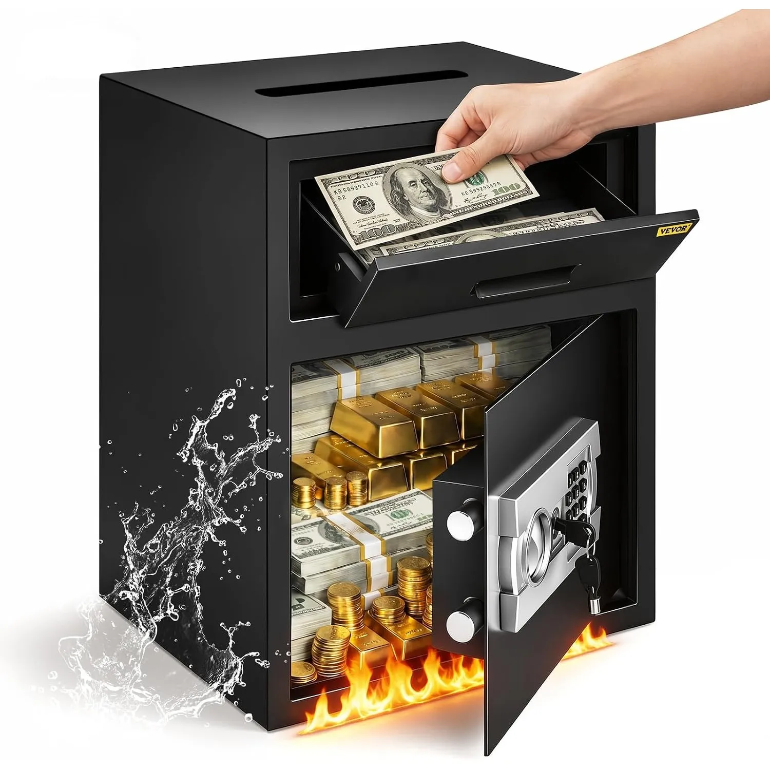 VEVOR Safe mit Einwurfschlitz Diebstahlsicherung, elektronischer Sicherheitstresor aus Kohlenstoffstahl, feuerfest, 2 S…