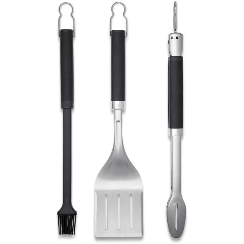 Weber Premium Grillbesteck, 3-teilig, aus Edelstahl, bestehend aus Grillzange, Wender und Pinsel, mit praktischen Henke…