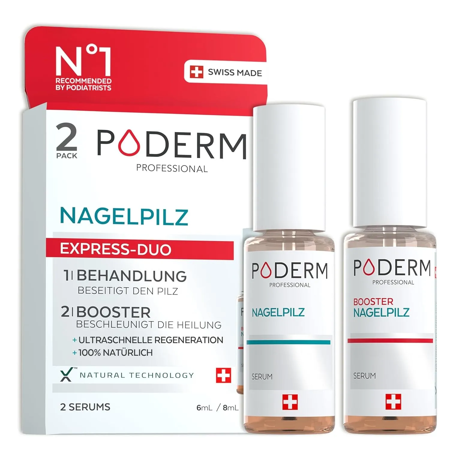 PODERM 2 in 1 Fuß-Nägelpilz-Behandlung Duo-Pack – Serum & Booster | Starke und Schnelle Antimykotische Pflege für Gelbe…