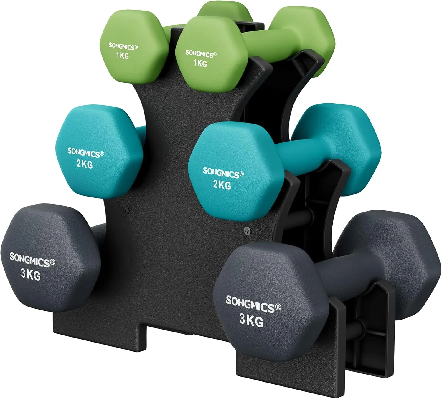 SONGMICS Hantel-Set, 3 Paar, 1kg-3kg，9kg oder 12kg, Aufbewahrung, Fitnessstudio, Krafttraining, rutschfeste Neopren-Bes…