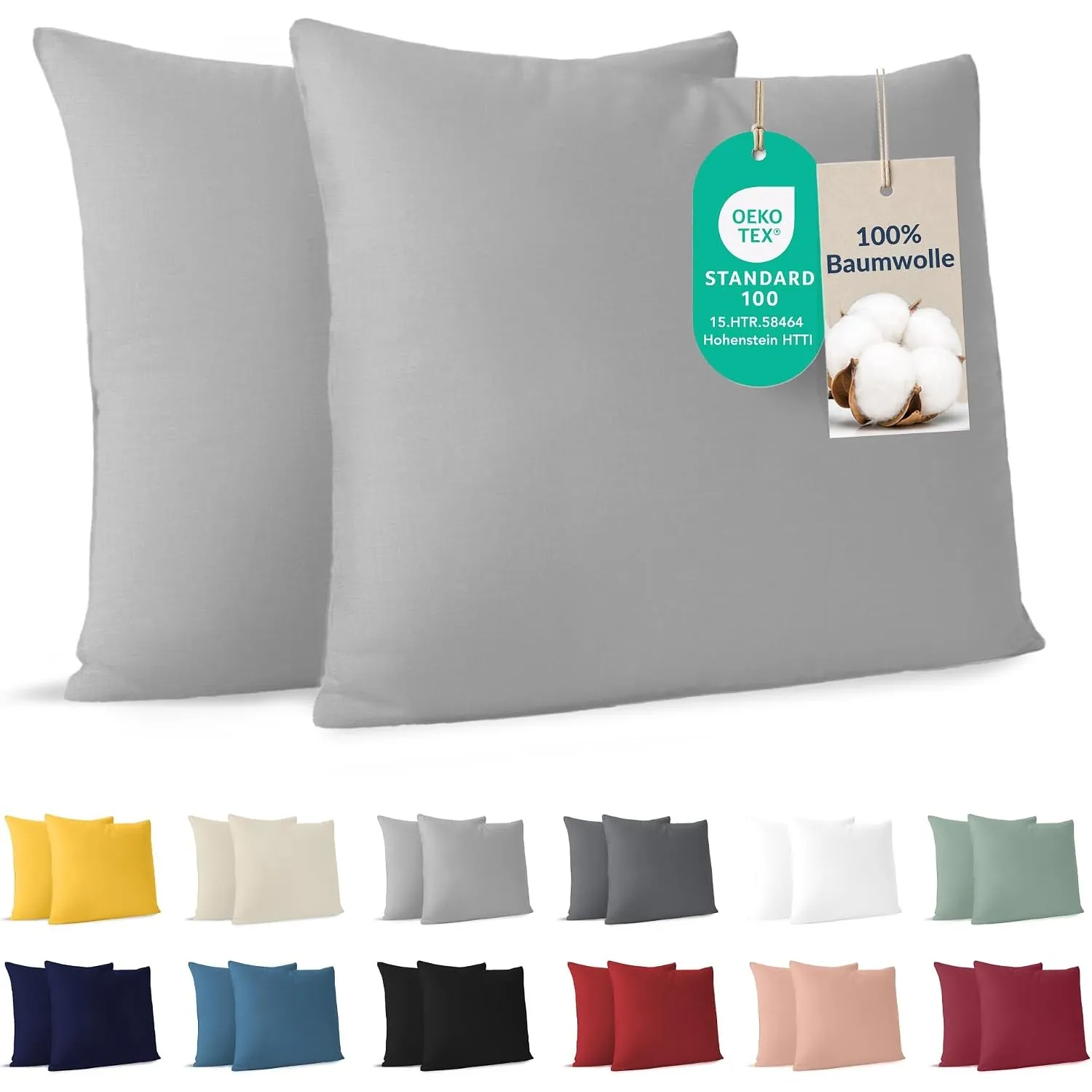 Dreamzie - Kissenbezug 80x80 cm - 2er Set - 100% Baumwolle - Grau | Oeko-Tex zertifiziert · mit Reißverschluss · Kopfki…