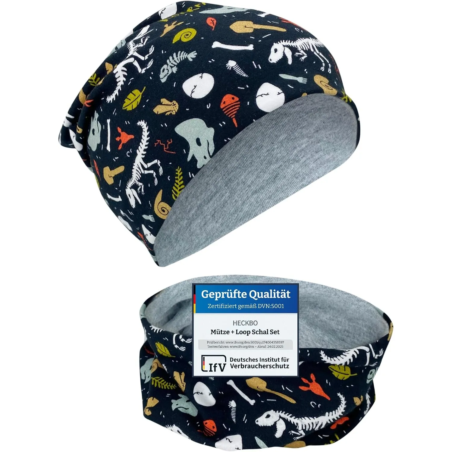 HECKBO Kinder Beanie & Loop Schal Set - mit Vlies oder Jersey - unisex Mädchen Jungen - 95% Baumwolle - Herbst Frühling…