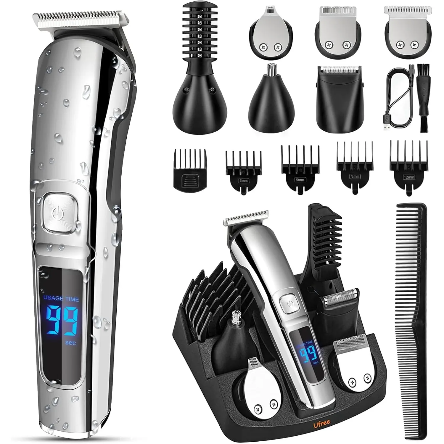 Ufree All-in-One Profi Haarschneidemaschine, Elektrisch Barttrimmer Herren | Edelstahlklingen, Haar, Bart, Nase, Körper…