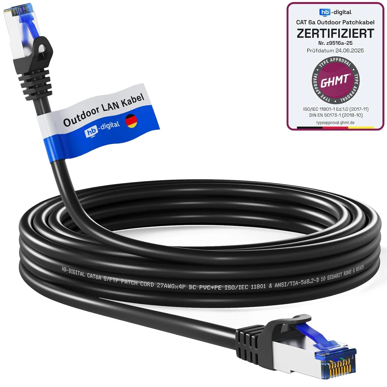 hb-digital 15m CAT 6a Outdoor LAN Kabel Netzwerkkabel Patchkabel IP66 - GHMT Zertifiziert - RJ45 Ethernet S/FTP PiMF 10…