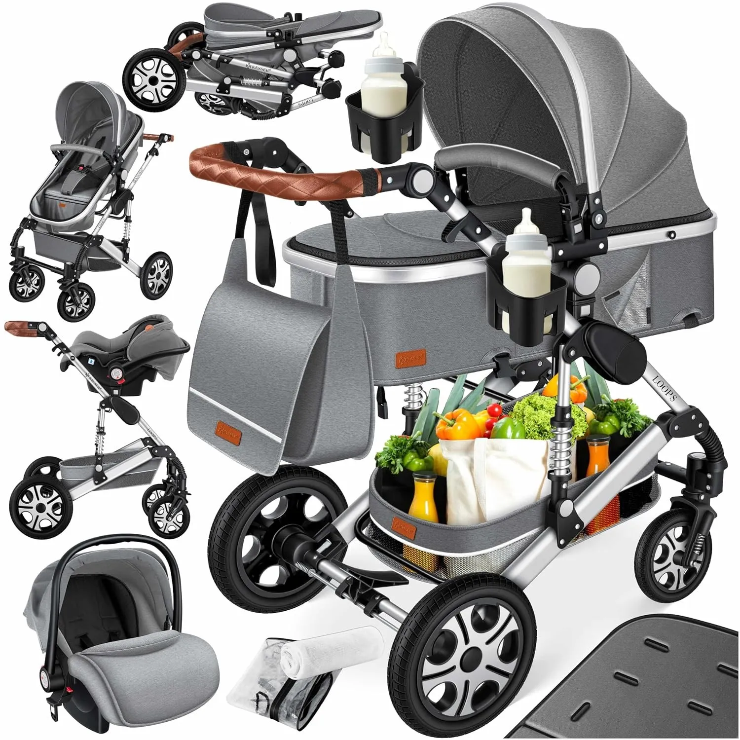 KESSER® Loops 4 in 1 Kinderwagen Kombikinderwagen Komplett-Set inkl. Babywanne & Buggy Sportsitz & Auto-Babyschale Voll…
