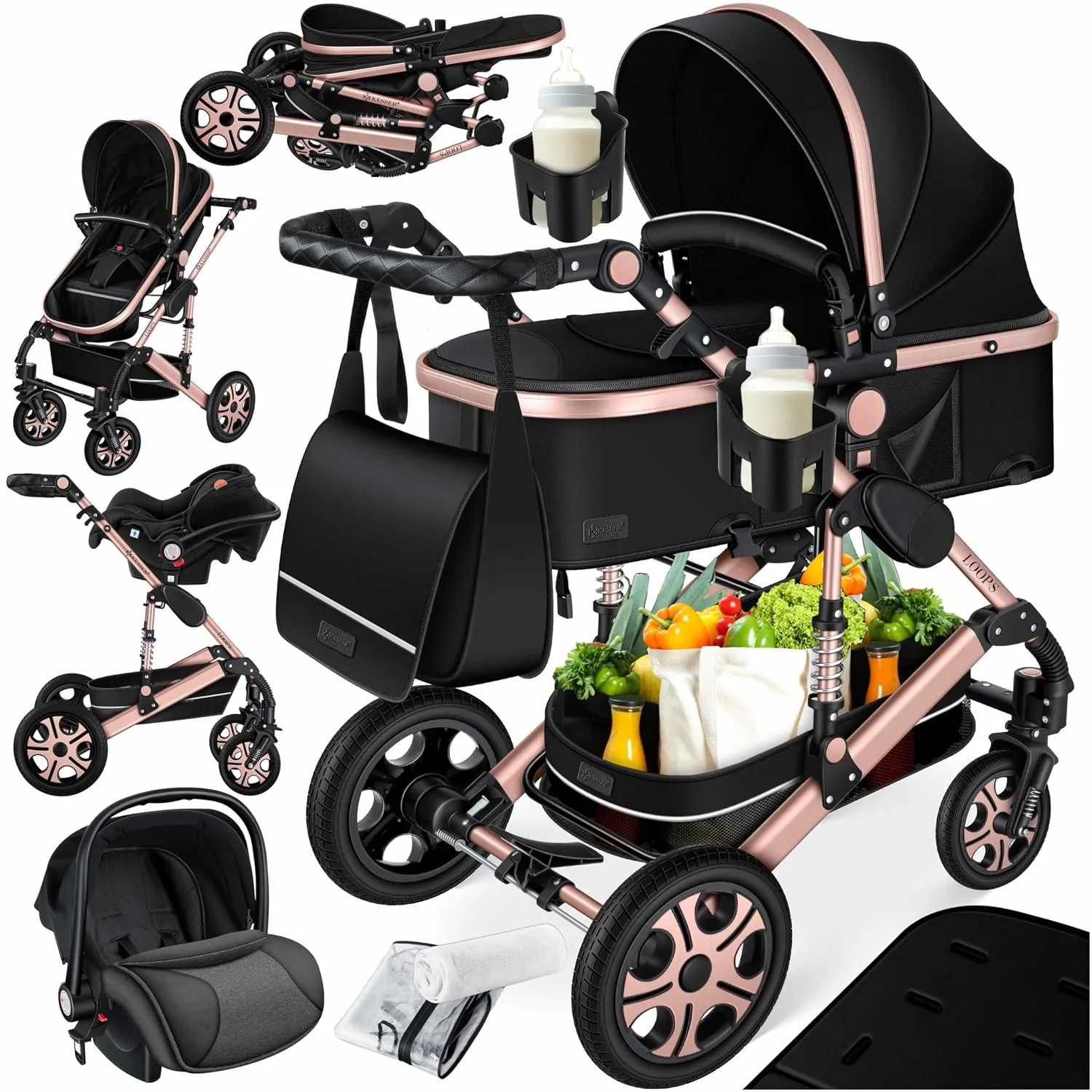 KESSER® Loops 4 in 1 Kinderwagen Kombikinderwagen Komplett-Set inkl. Babywanne & Buggy Sportsitz & Auto-Babyschale Voll…