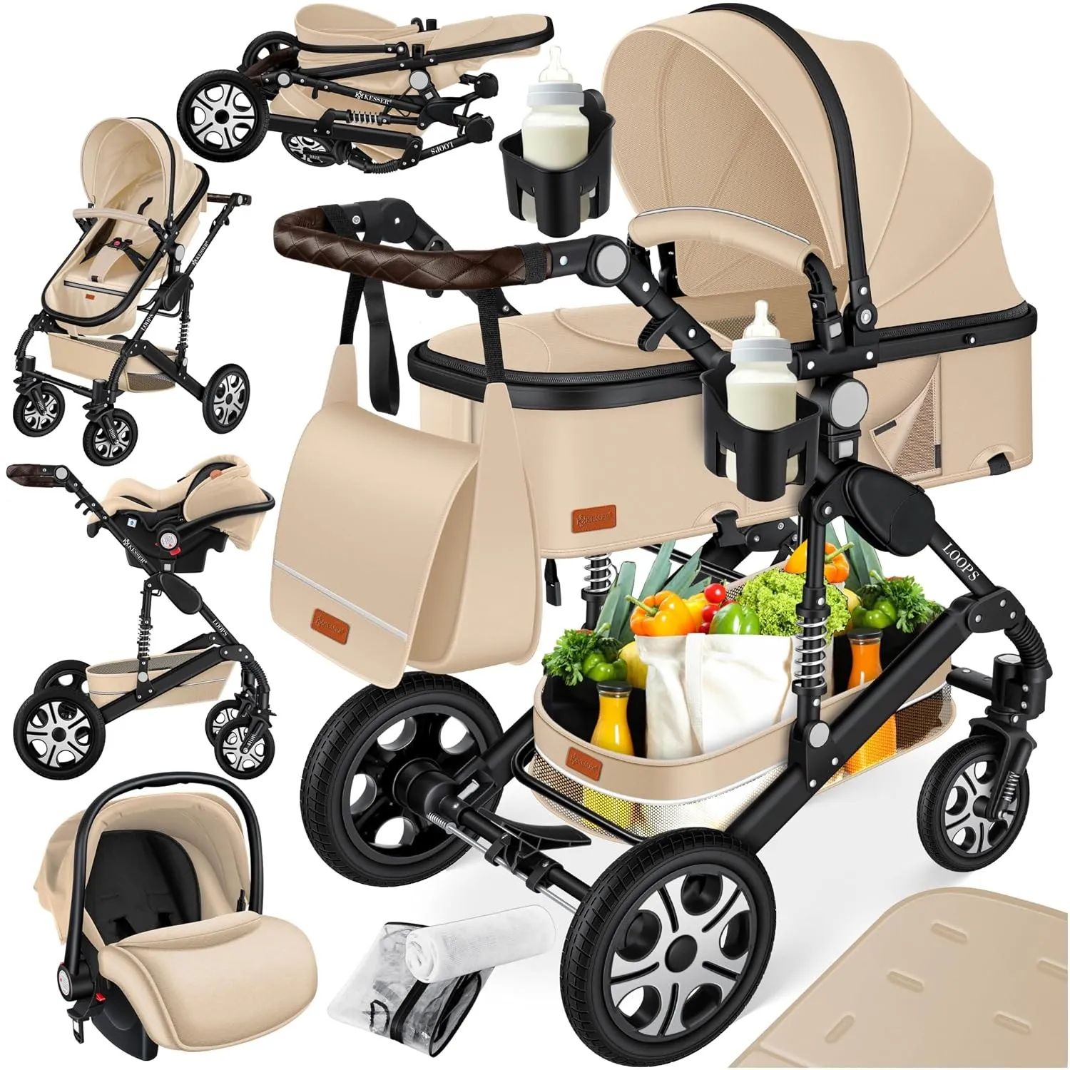 KESSER® Loops 4 in 1 Kinderwagen Kombikinderwagen Komplett-Set inkl. Babywanne & Buggy Sportsitz & Auto-Babyschale Voll…