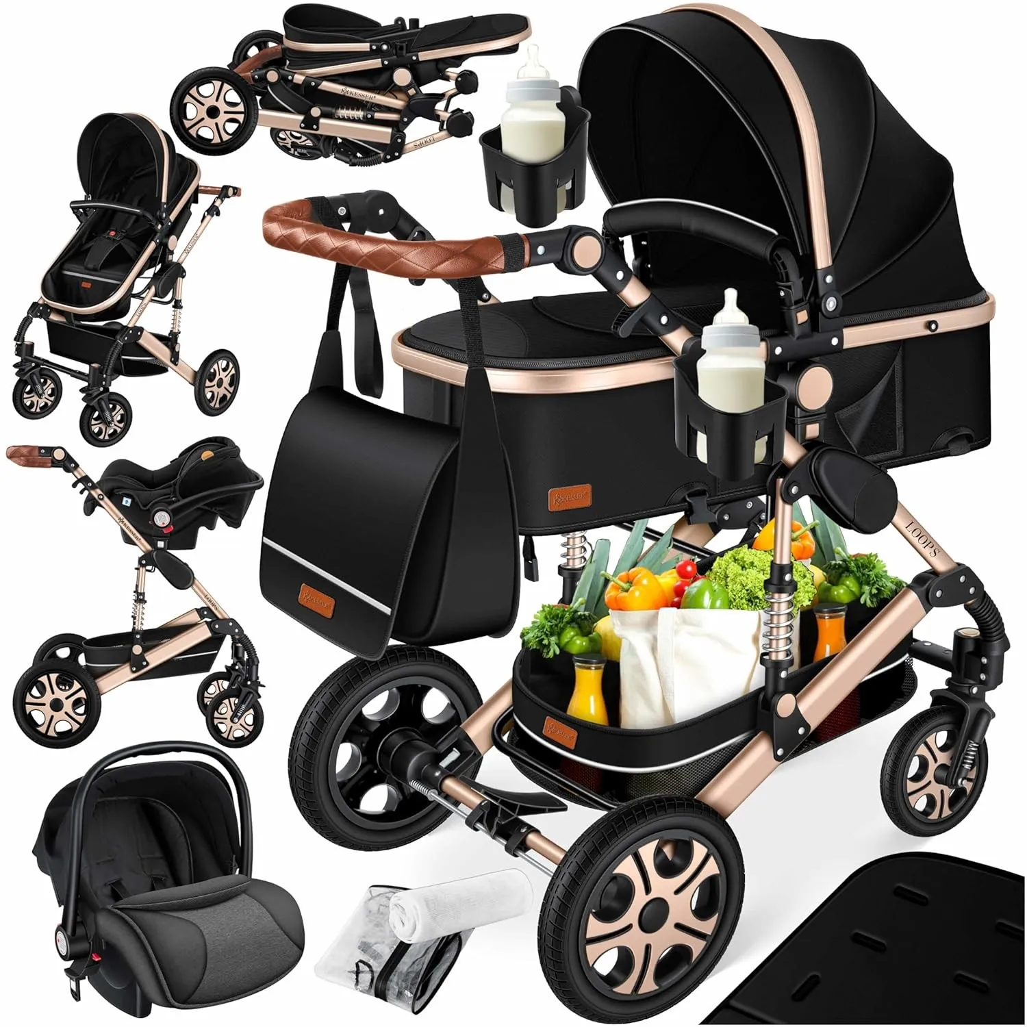 KESSER® Loops 4 in 1 Kinderwagen Kombikinderwagen Komplett-Set inkl. Babywanne & Buggy Sportsitz & Auto-Babyschale Voll…
