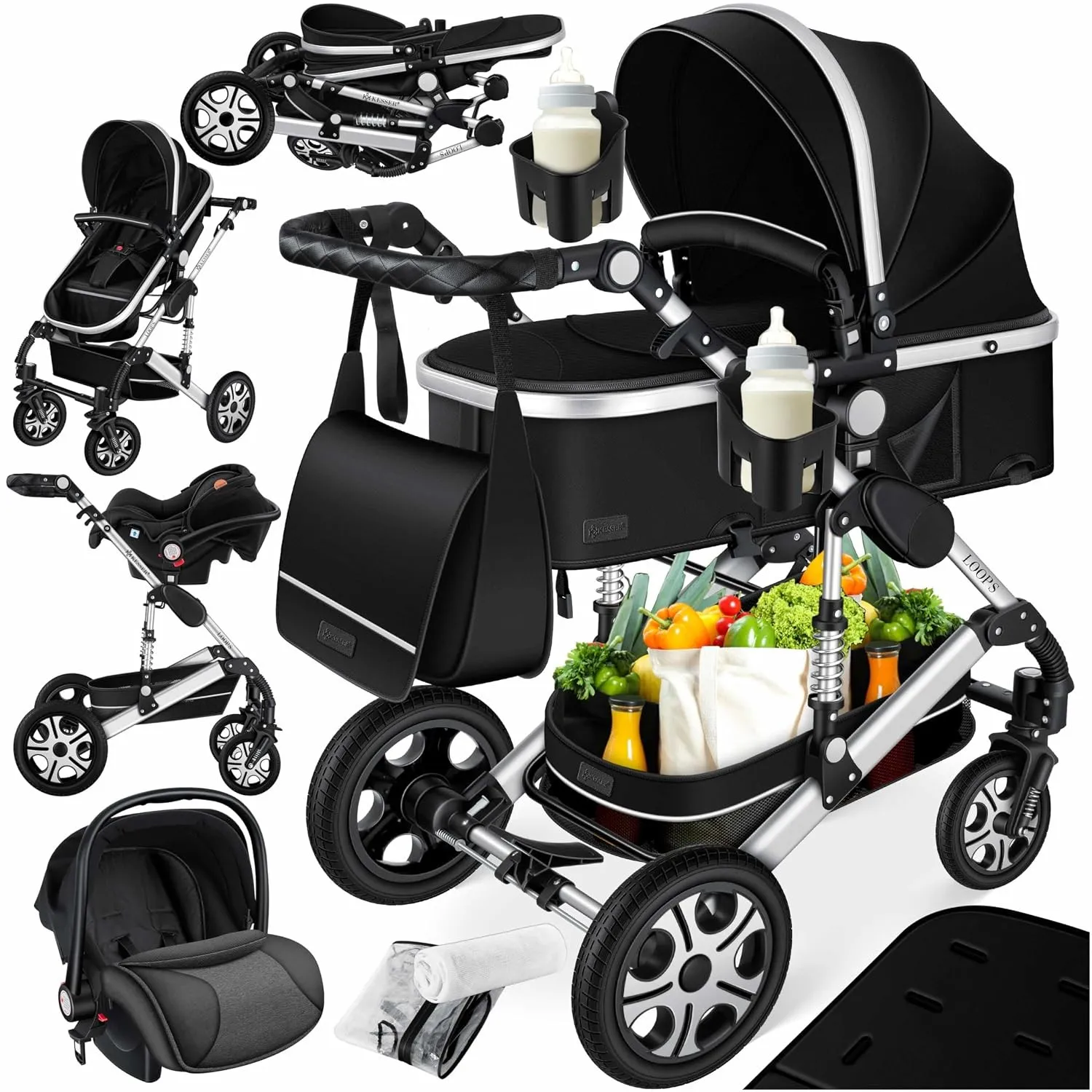 KESSER® Loops 4 in 1 Kinderwagen Kombikinderwagen Komplett-Set inkl. Babywanne & Buggy Sportsitz & Auto-Babyschale Voll…