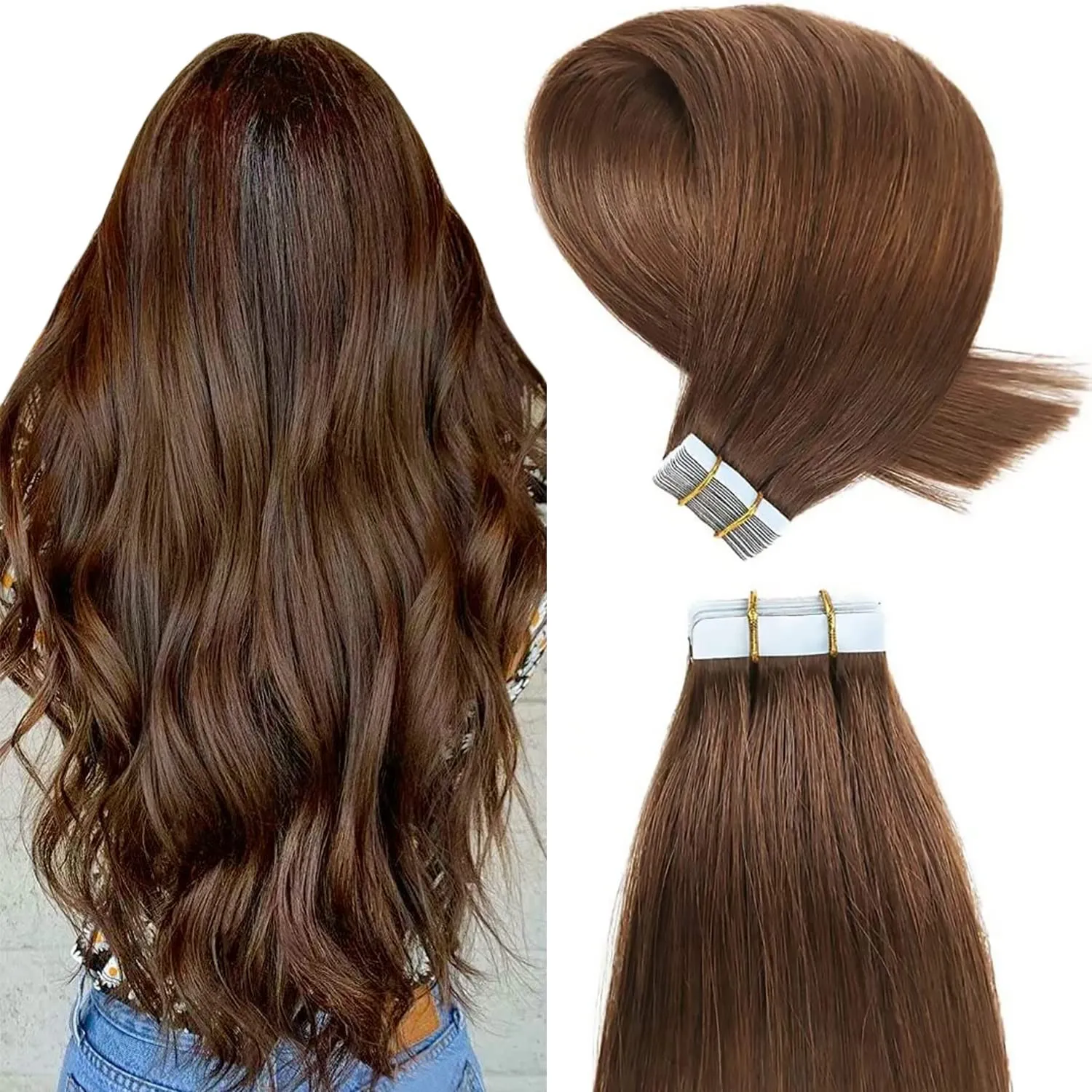 YILITE Tape Extensions Echthaar Mittel braun 40cm Invisible Tape Extensions | Invisible Echthaar Tape Extensions,#4 Gla…