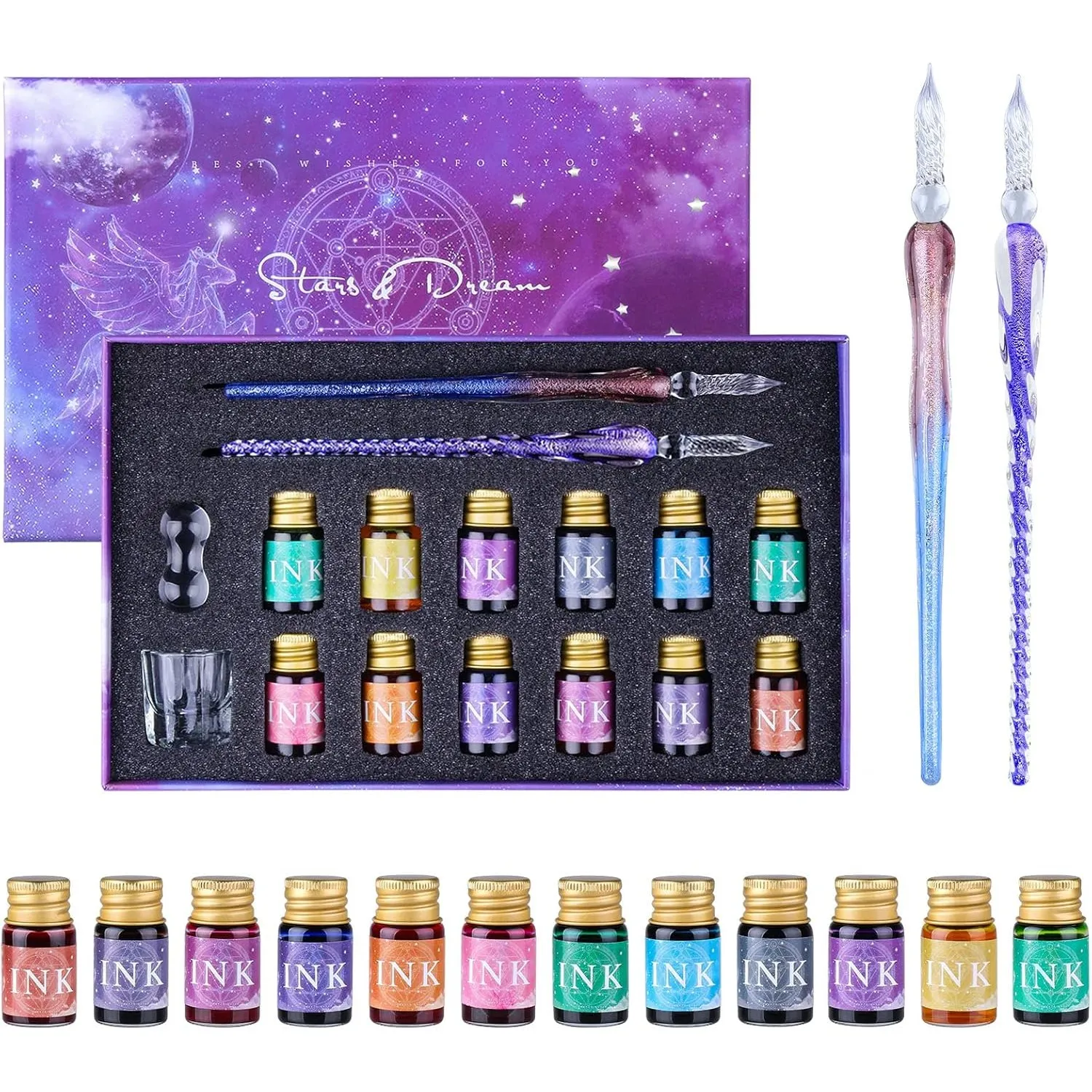 Glasfeder Kalligraphie Set - 2 Glasstifte Handmade Kalligraphie Stifte | 12 Bunten Tinten für Unterschriften, Kalligrap…