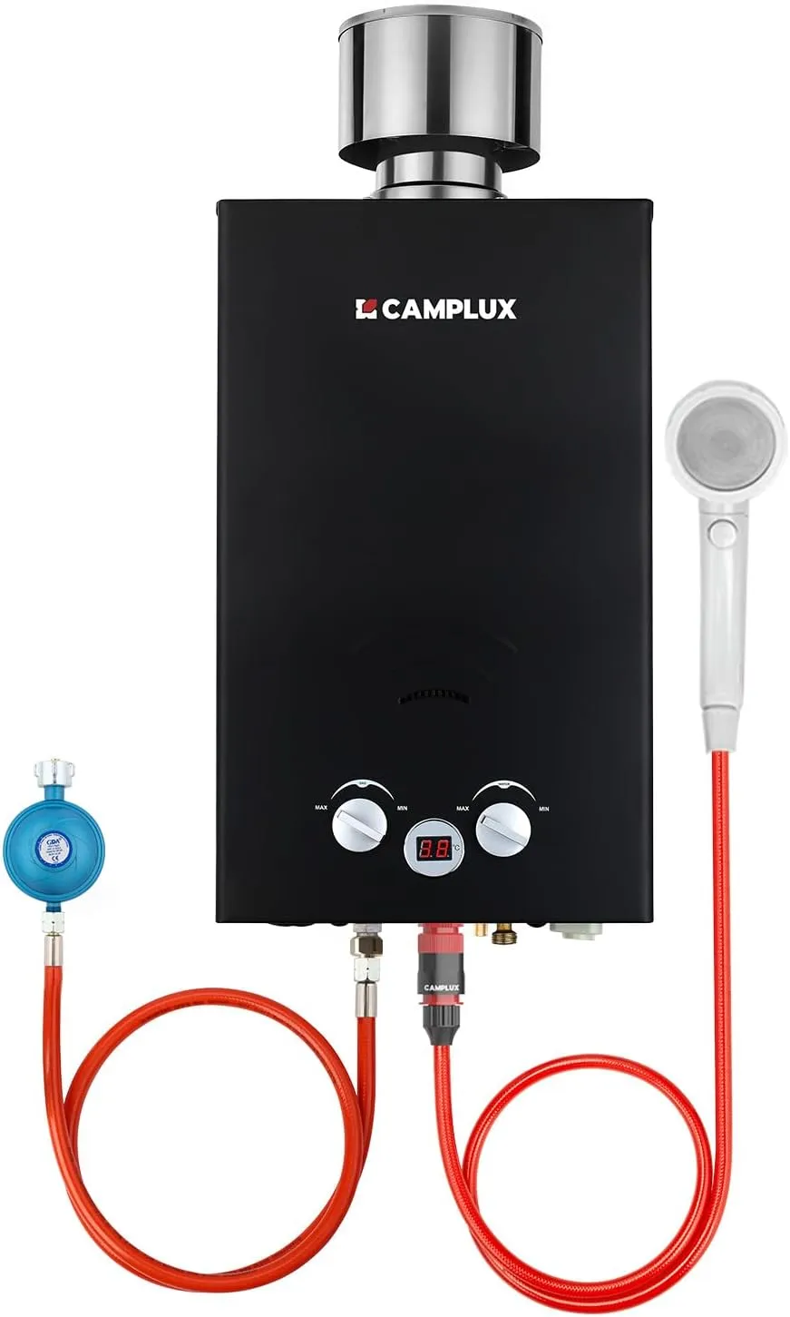 Camplux BW264BC-DE Gasdurchlauferhitzer 10L 50mbar mit Edelstahl Regendeckel Propan/Butan Gas für Campingdusche, Wohnmo…