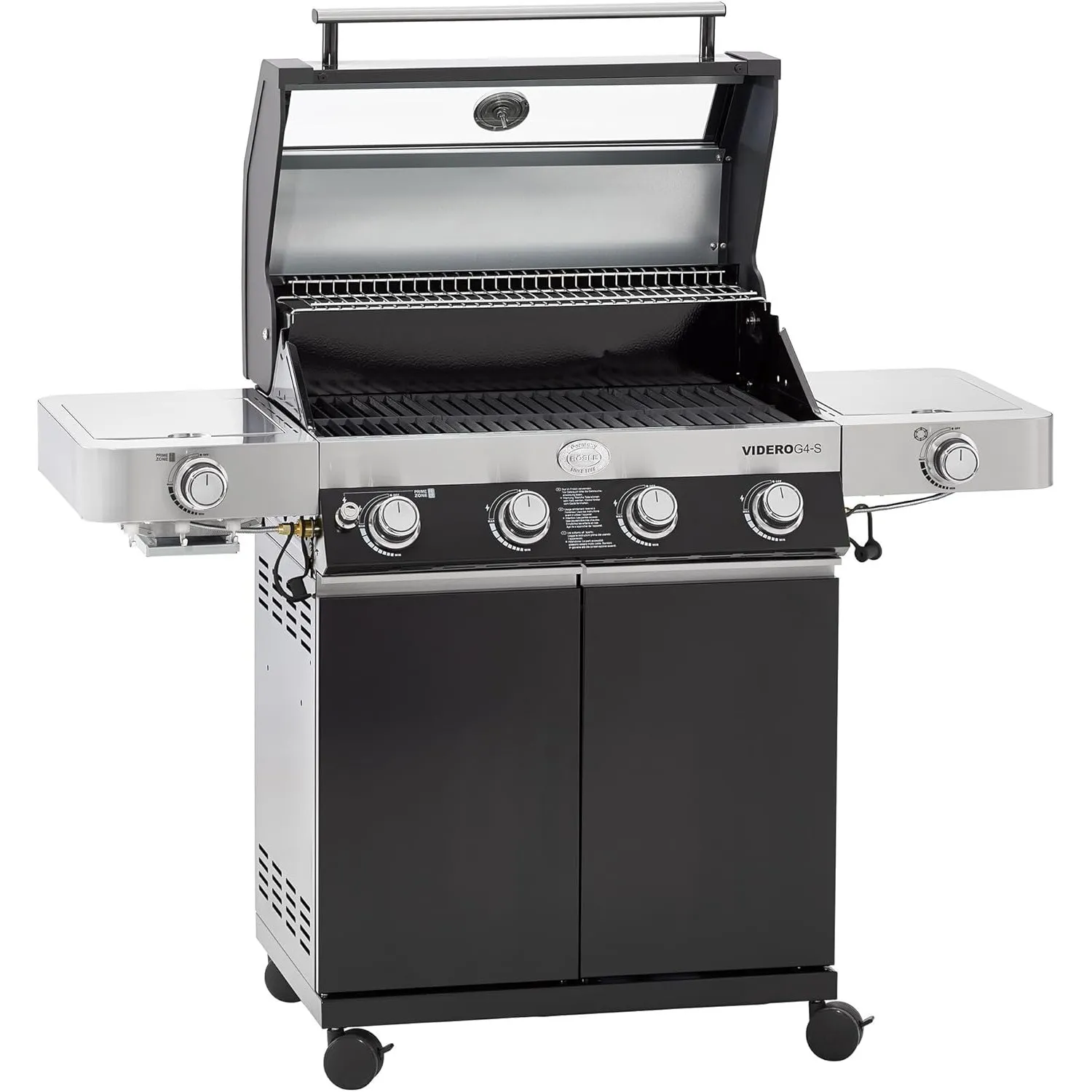 RÖSLE Gasgrill BBQ-Station VIDERO G4-S Schwarz, Grill mit 4 Edelstahlbrennern, extra Primezone und Seitenbrenner, klapp…