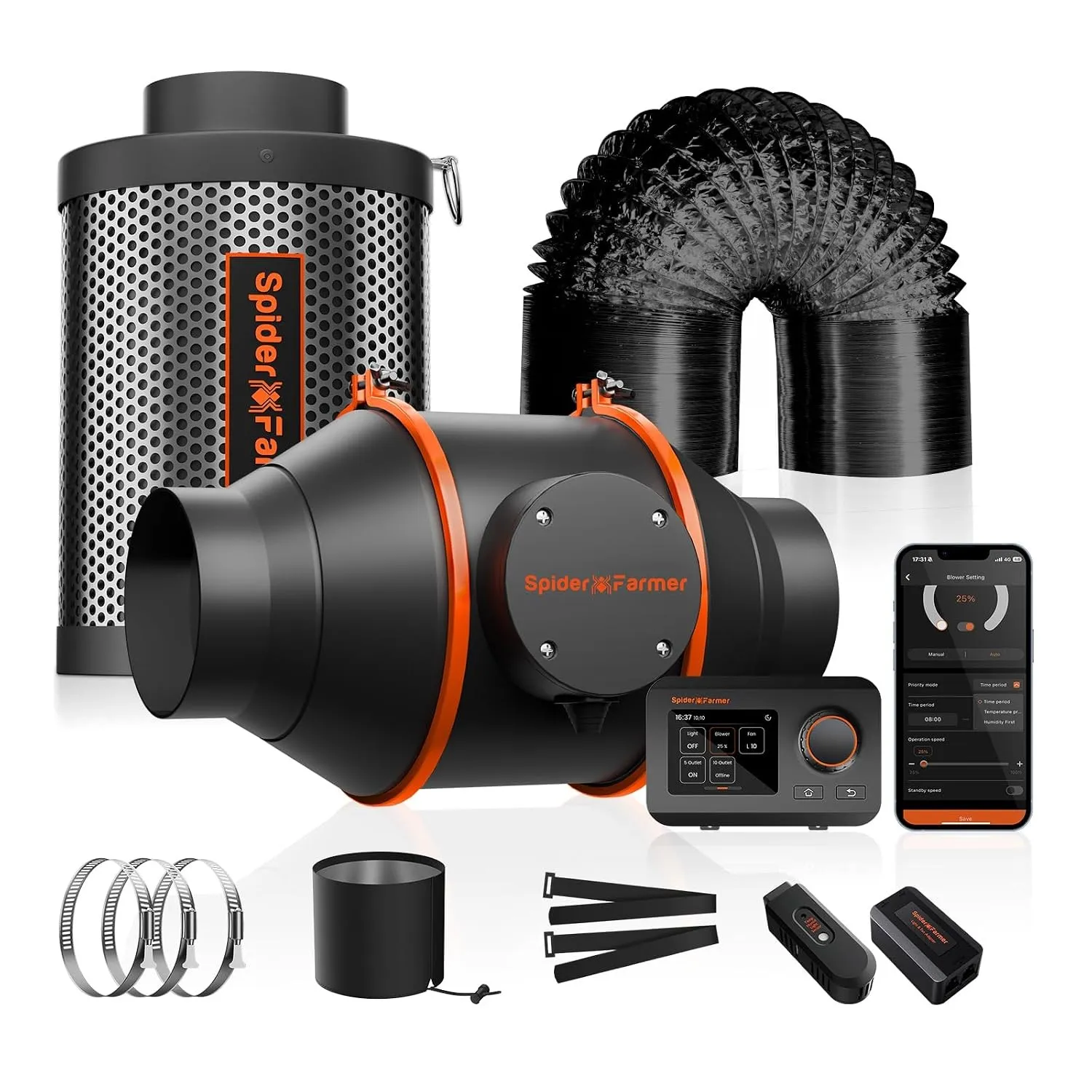 Spider Farmer Rohrventilator 100mm & Filter Abluftset mit GGS Controller