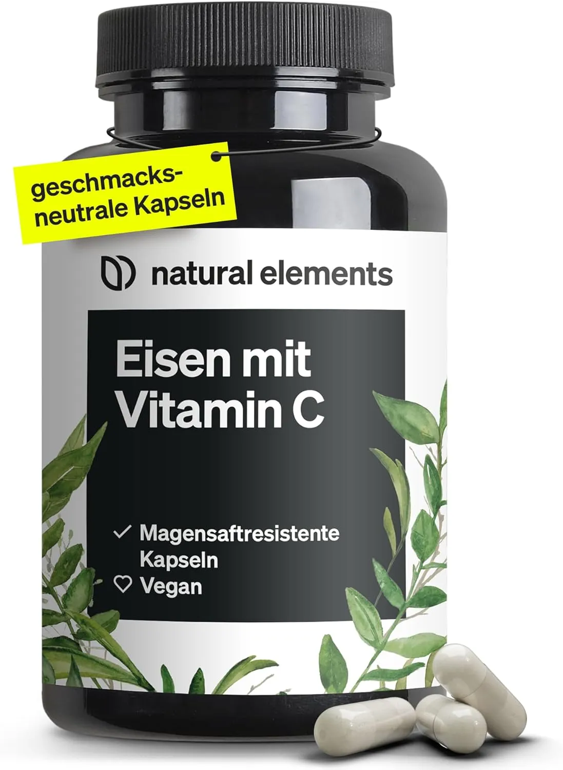natural elements Iron 20 mg (from iron bisglycinate) per capsule - with 42 mg natural vitamin C - vegan, neutral in tas…