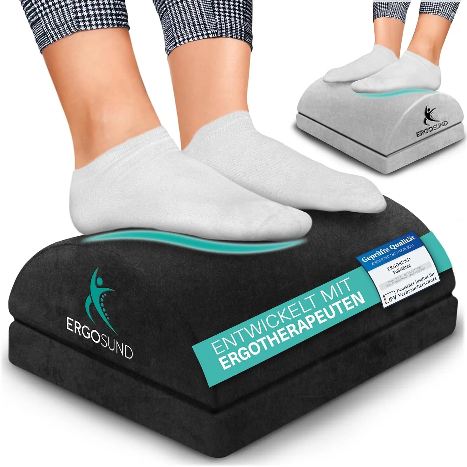 ERGOSUND Fußstütze Schreibtisch [TESTSIEGER] Premium Schaumstoffkern, Höhenverstellbare Fußbank [rutschfest] Ergonomisc…