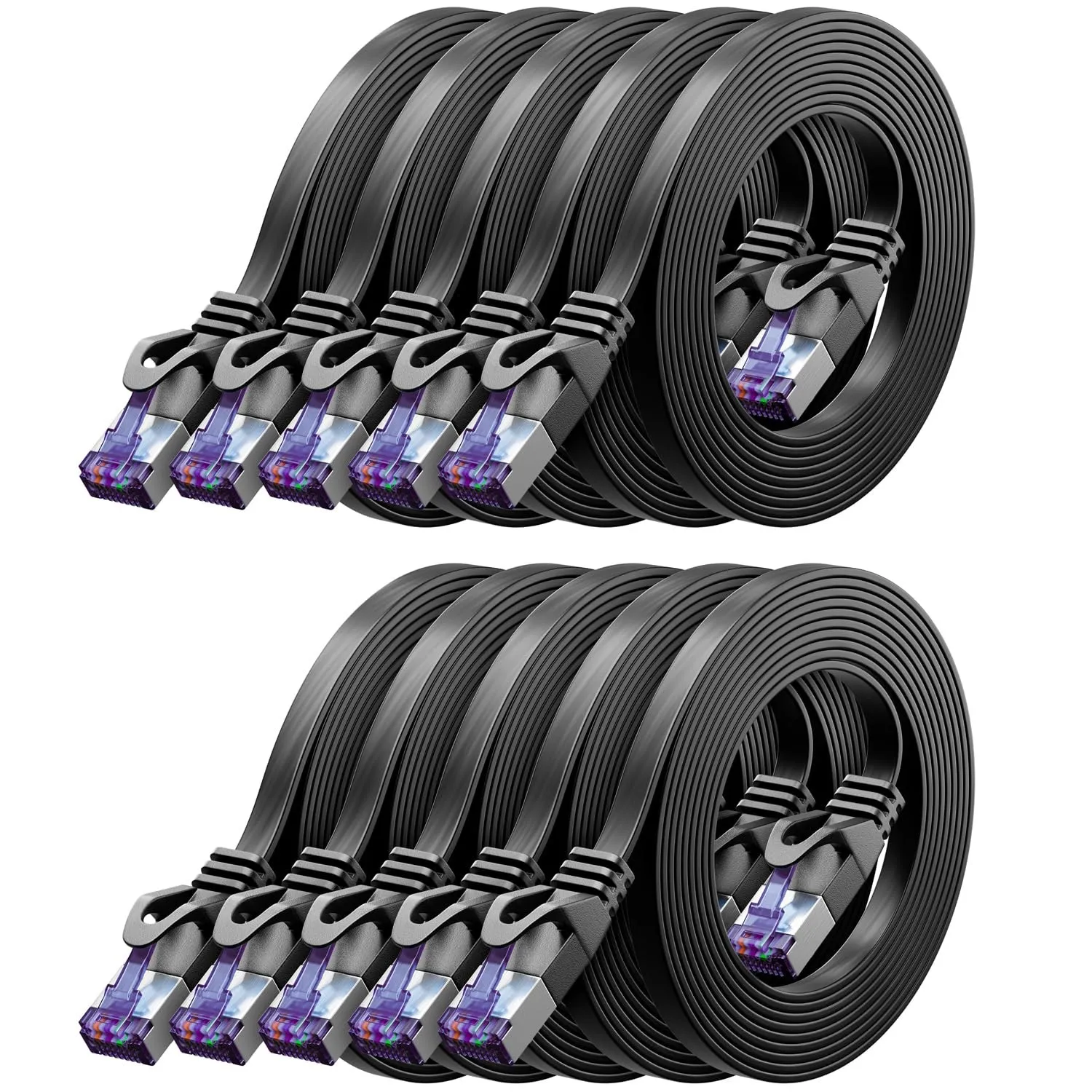 deleyCON 0,5m Flaches CAT7 Netzwerkkabel 10 Gbit/s, 10 Stück - Schwarz
