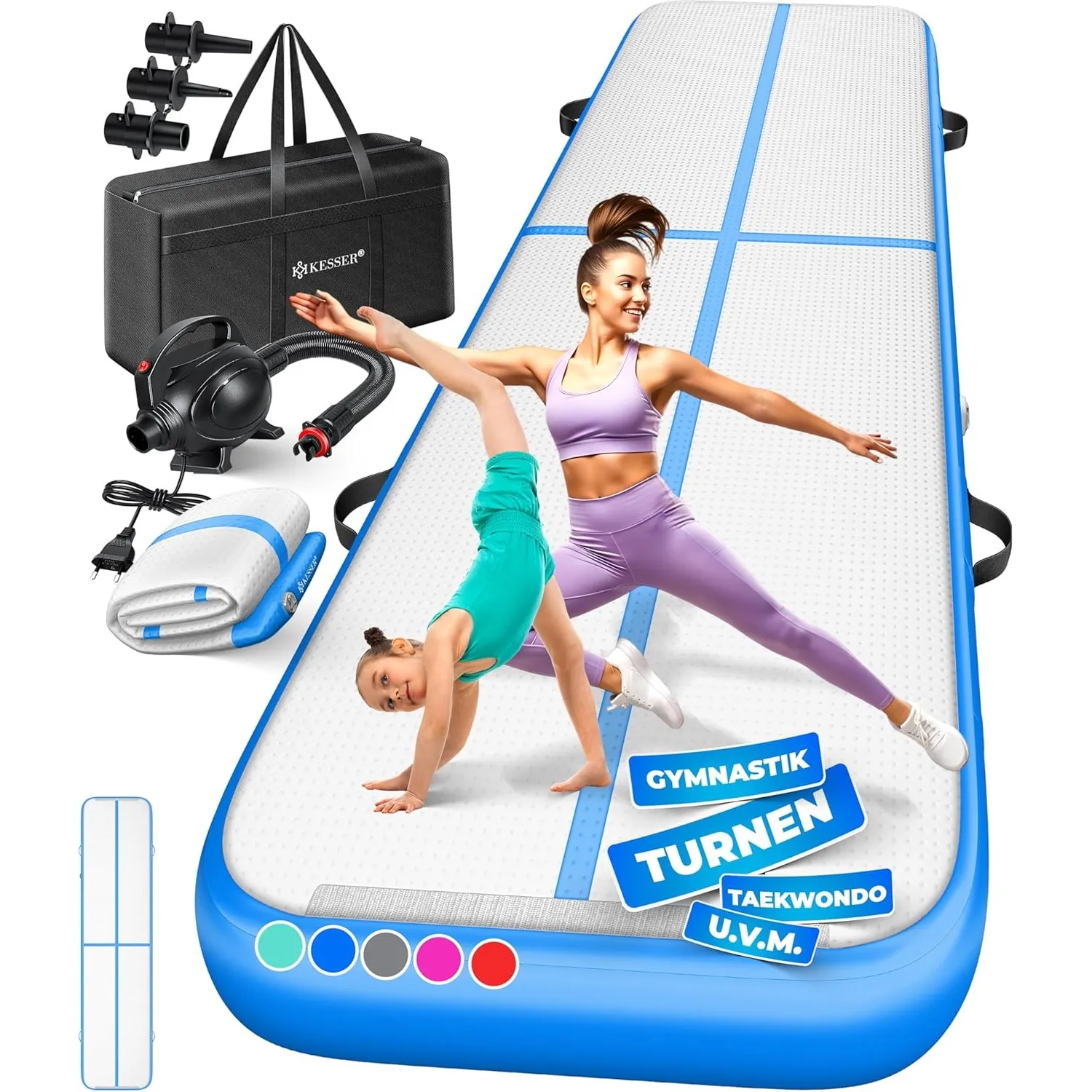 KESSER® Turnmatte Aufblasbar Airtrack 2m/3m/4m/5m/6m Fitness-Matte Gymnastikmatte | inkl. Tragetasche & elektr. Luftpum…