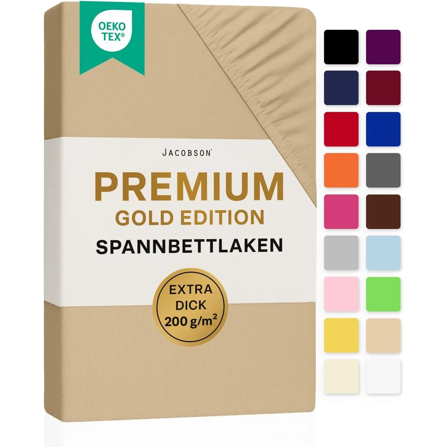 Jacobson Premium Spannbettlaken 200 g/m² Jersey Baumwolle mit Elasthan (90x200-100x200 cm, Beige)