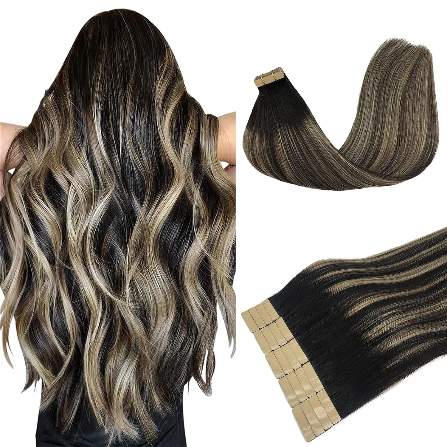DOORES Extensions Echthaar Tape in, Balayage Natürliches Schwarz bis Hellblond 40cm (16zoll) 50g 20pcs, Echthaar Tape E…