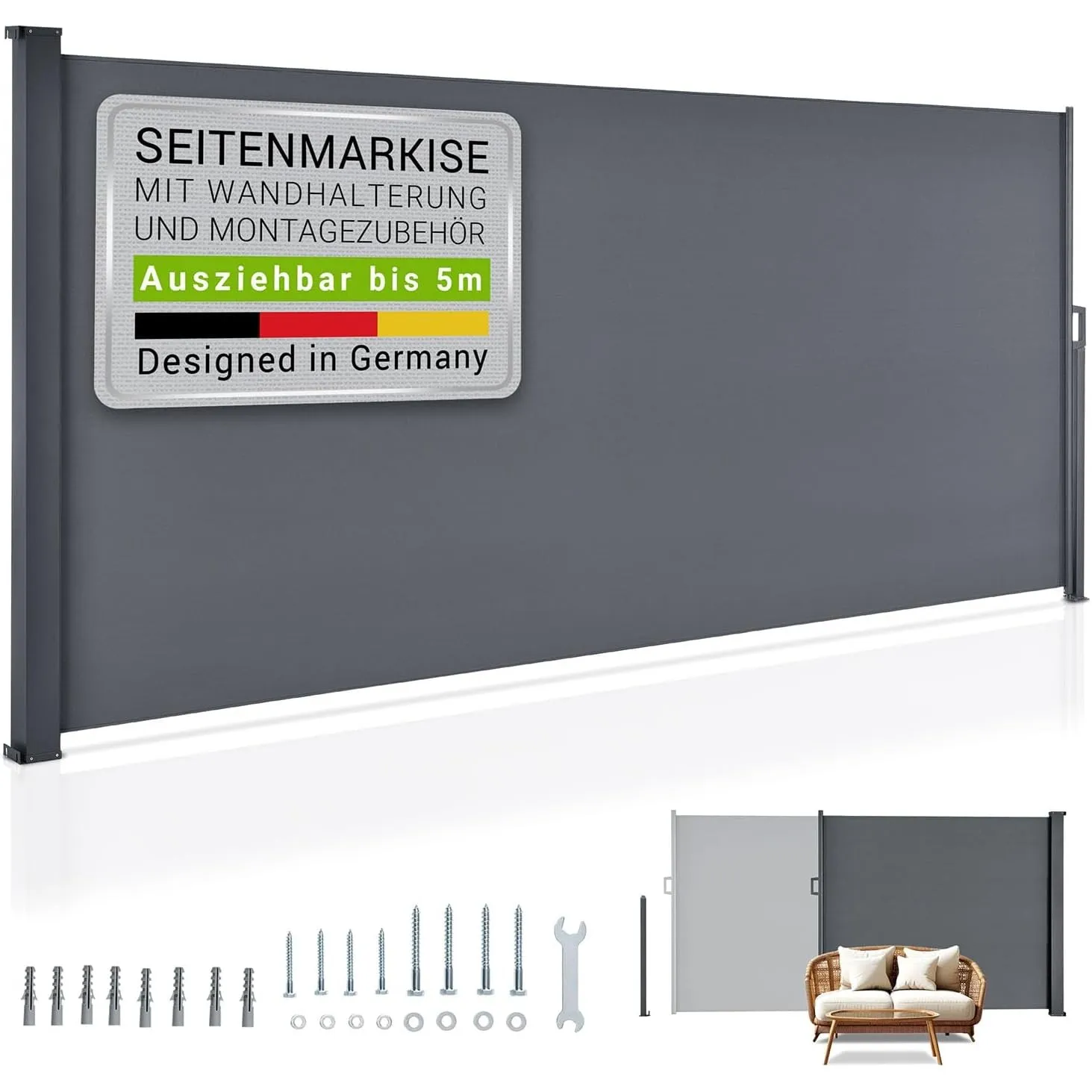 Juskys® Seitenmarkise Dubai 500 x 160 cm ausziehbar Blickdicht, Sichtschutz für Balkon & Terrasse, Seitenrollo Wandhalt…
