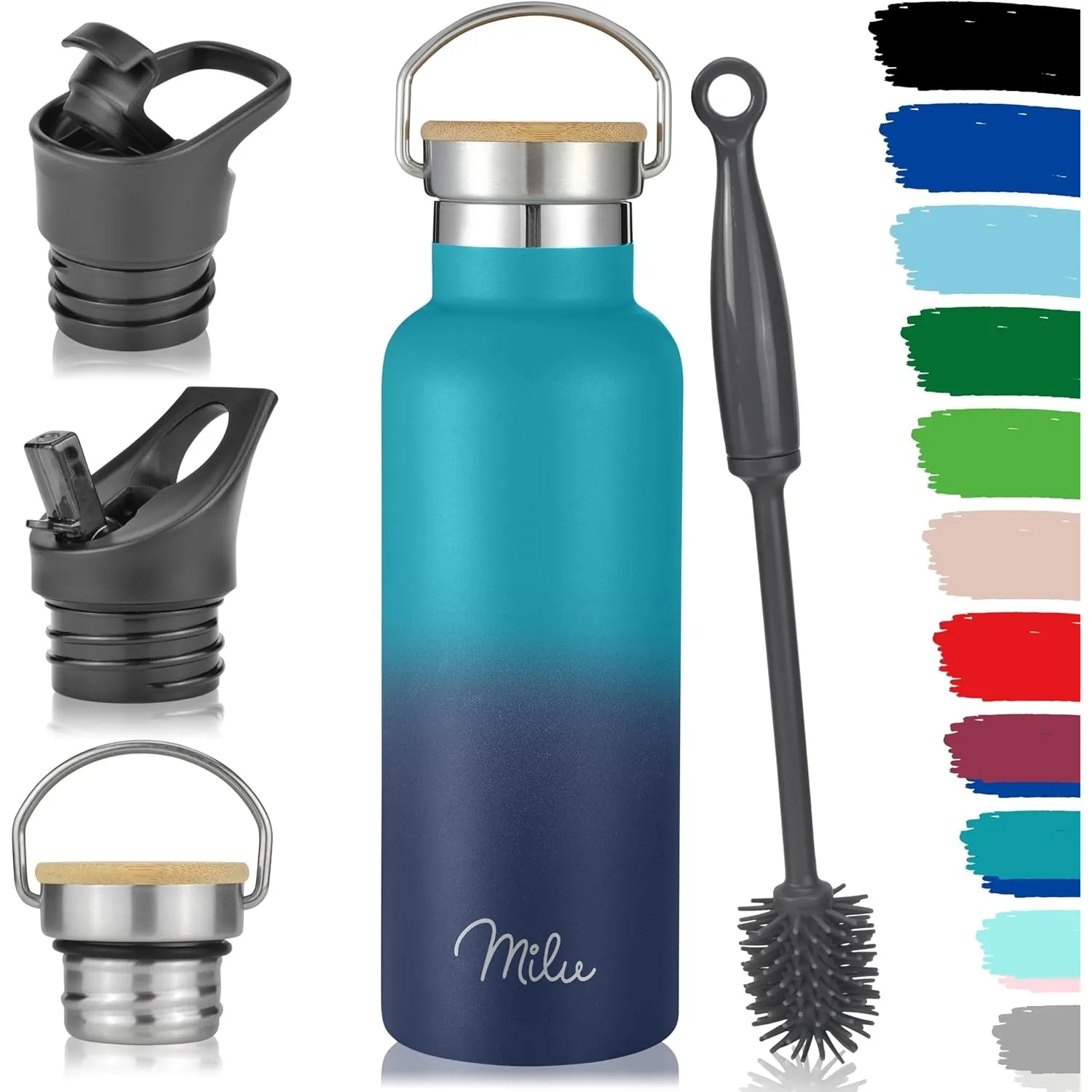 Milu Edelstahl Trinkflasche 500ml, 750ml, 1000ml (+3 Deckel) - Thermosflasche mit Strohhalm, Isolierte Wasserflasche, A…
