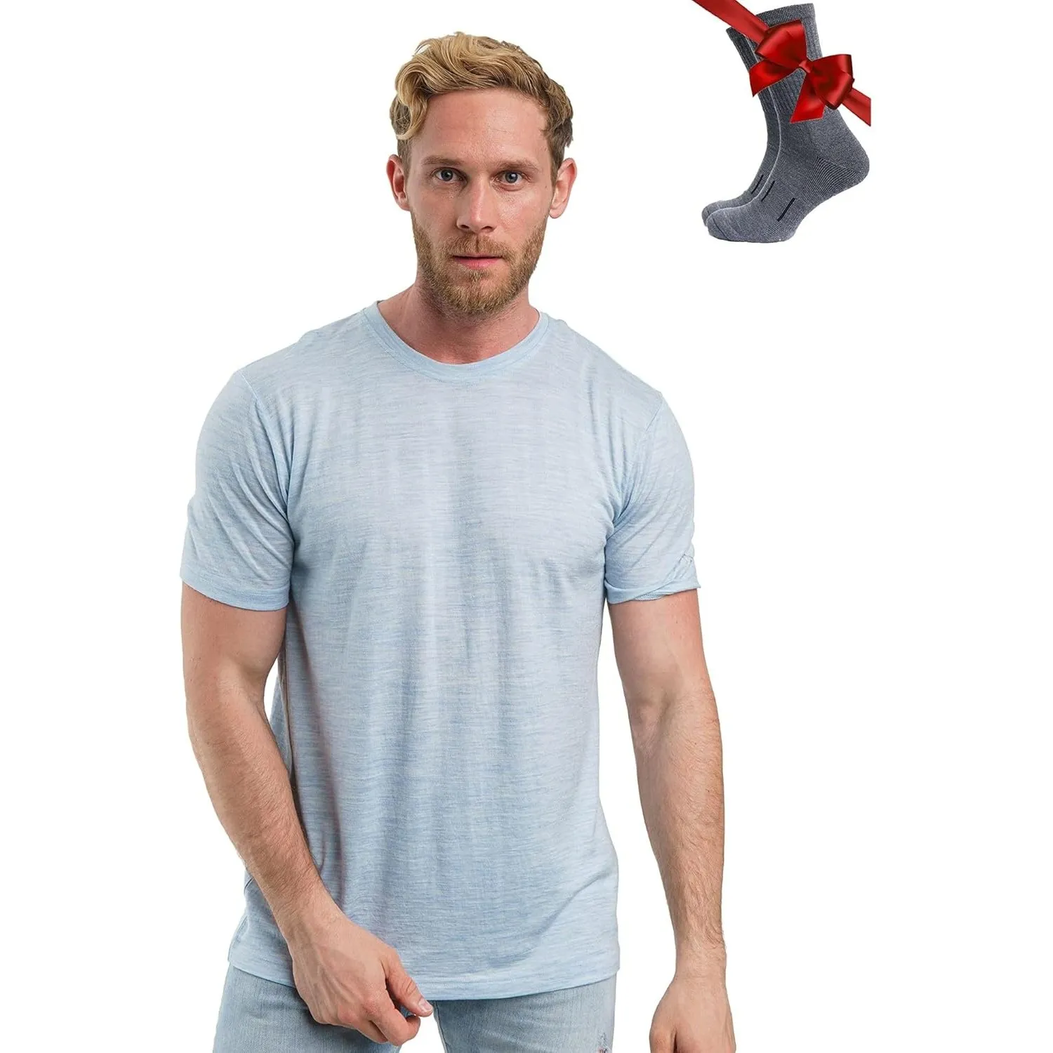 Premium Merino Shirt Herren Kurzarm - Atmungsaktiv Geruchshemmend Thermooberteile zum Wandern + Wanderwollsocken