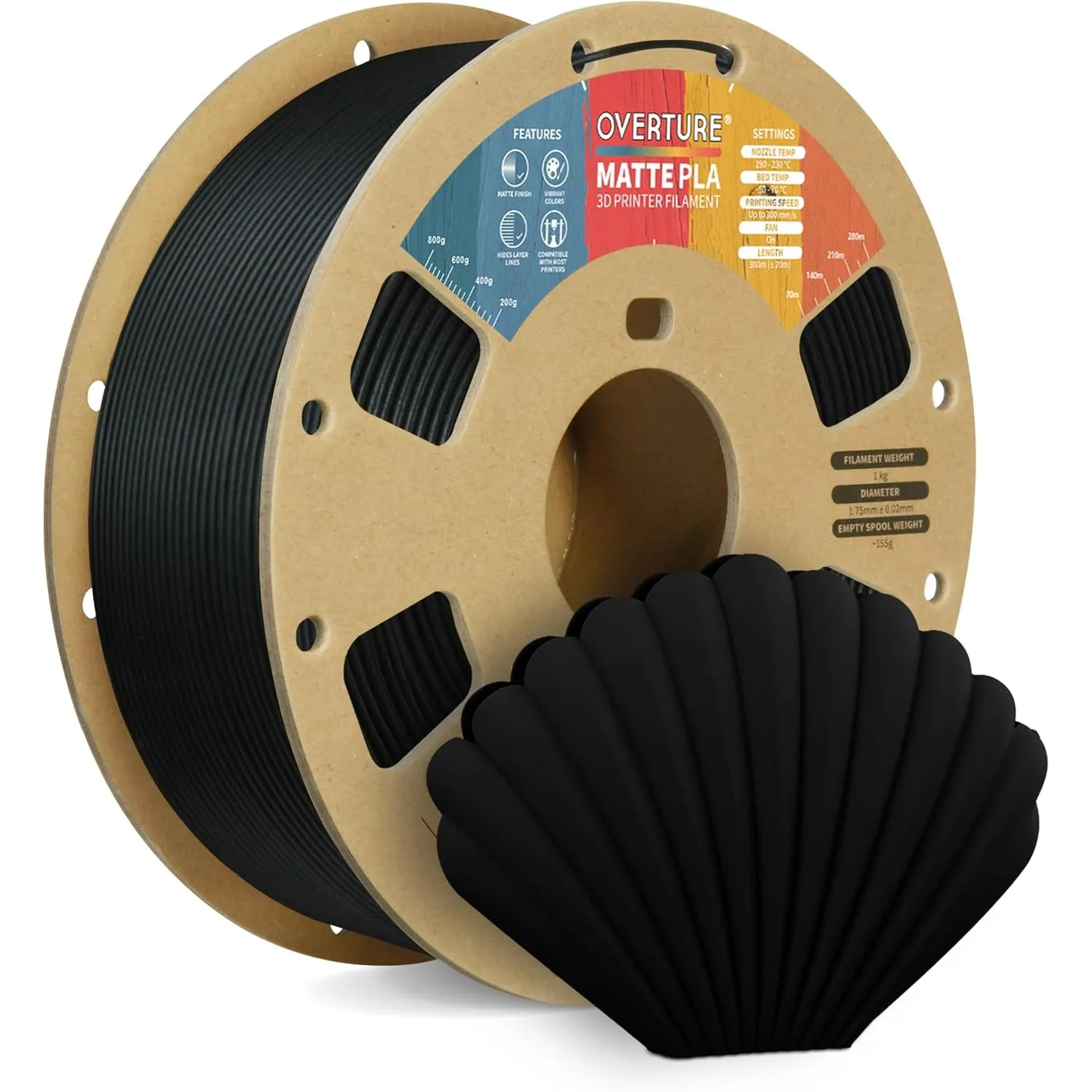 OVERTURE Matte PLA Filament 1,75 mm Schwarz | PLA Matt
