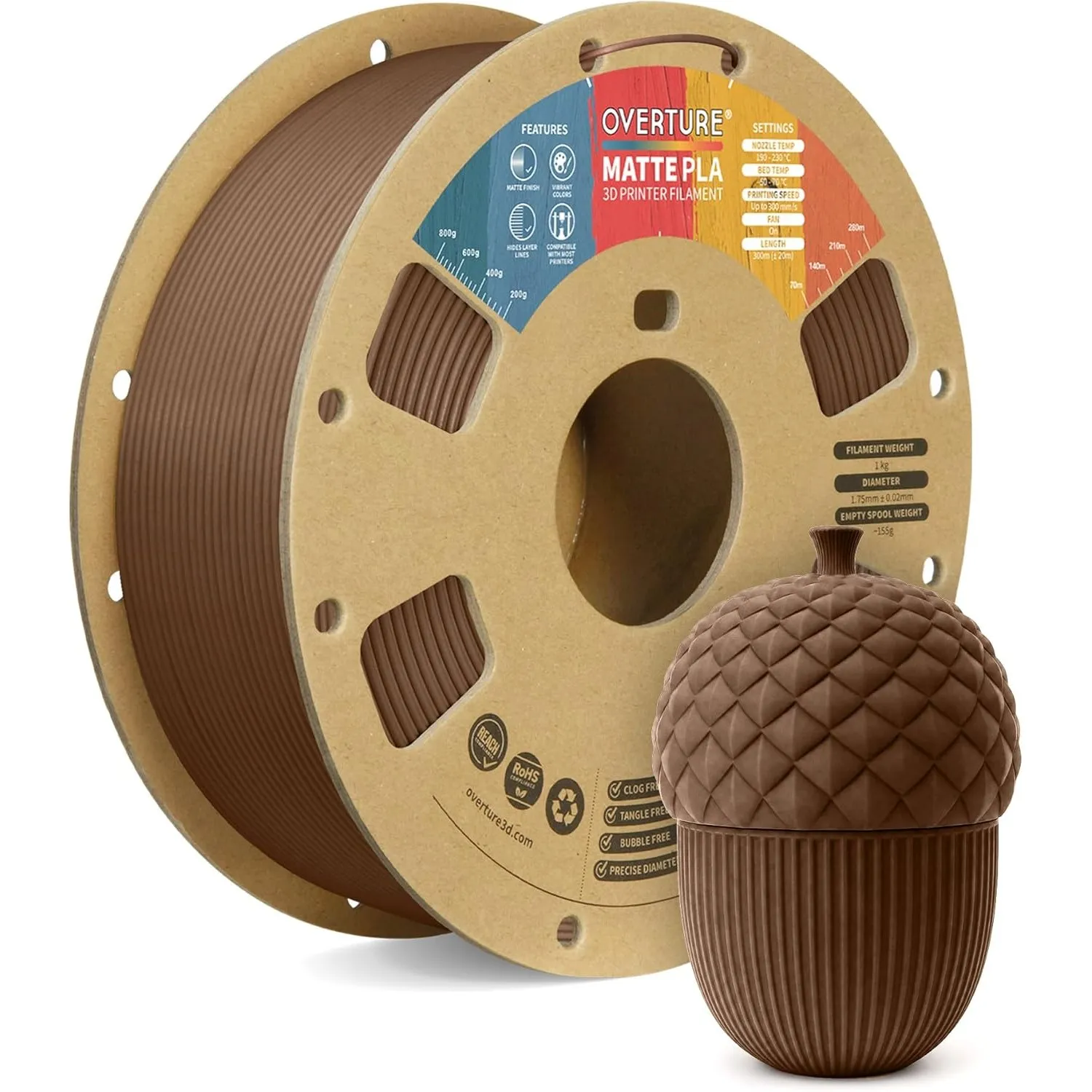 OVERTURE Matte PLA Filament 1,75 mm Schokobraun | PLA Matt